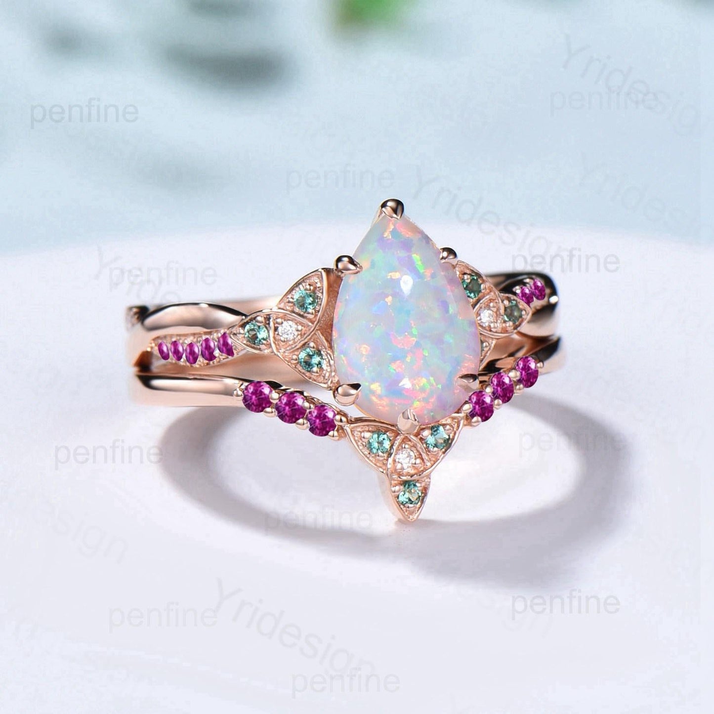 Norse Viking Pear Shaped Opal Wedding Ring Set Celtic Knot 14K Rose Gold Split Shank Opal Ruby Engagement Ring Opal Emerald Bridal Set Women
