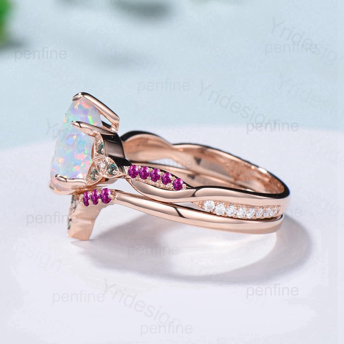 Norse Viking Pear Shaped Opal Wedding Ring Set Celtic Knot 14K Rose Gold Split Shank Opal Ruby Engagement Ring Opal Emerald Bridal Set Women