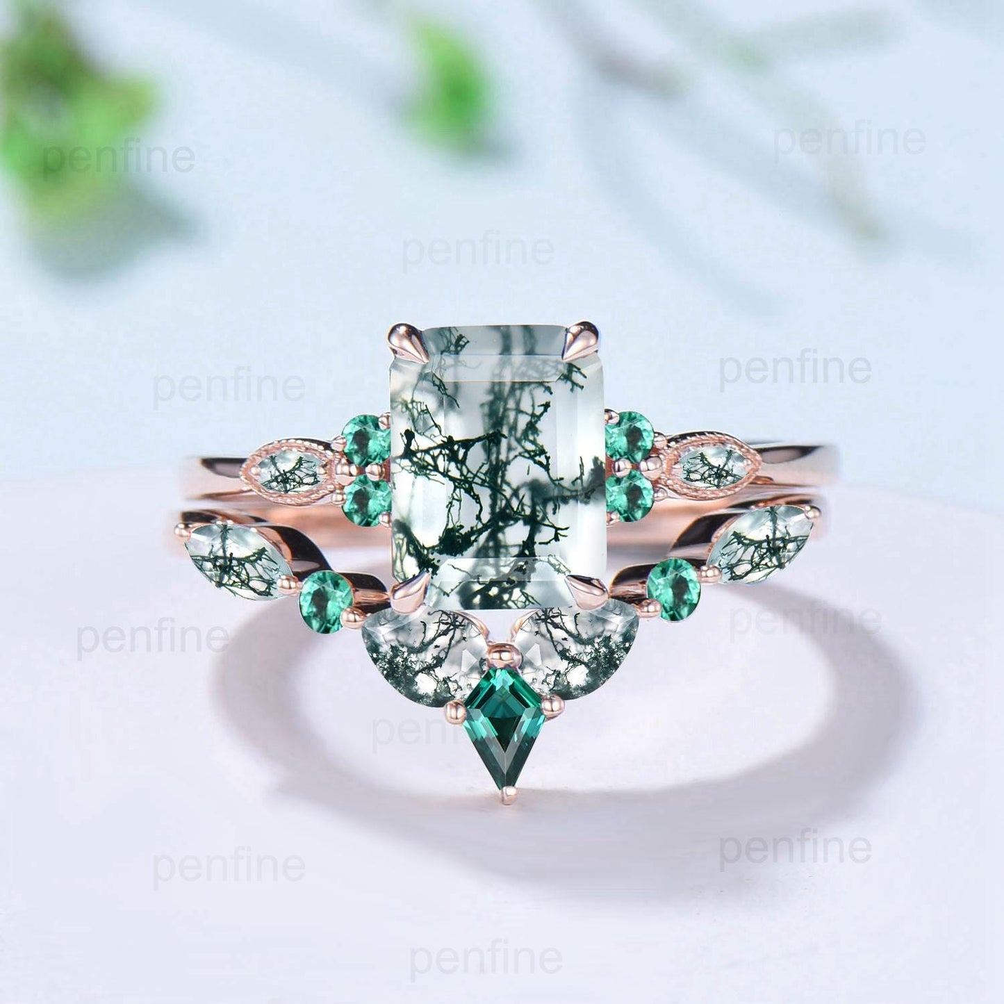 Unique Emerald Cut Natural Moss Agate Engagement Ring Set Seven Stone Green Gemstone Wedding Ring Set 14K Rose Gold Emerald Bridal Set Women