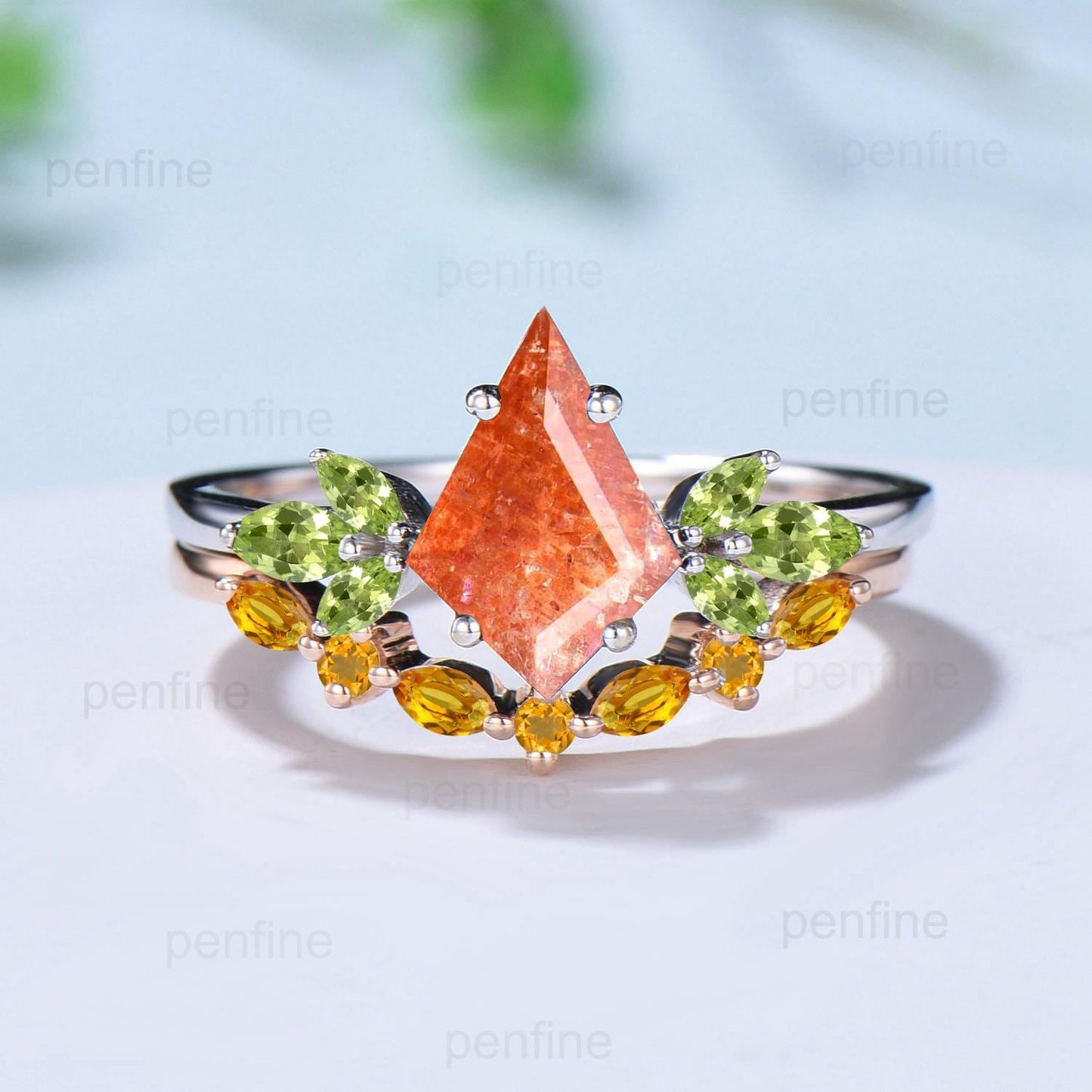 Retro sunstone engagement ring set kite cut Vintage cluster peridot wedding ring yellow crystal citrine birthstone promise ring for women
