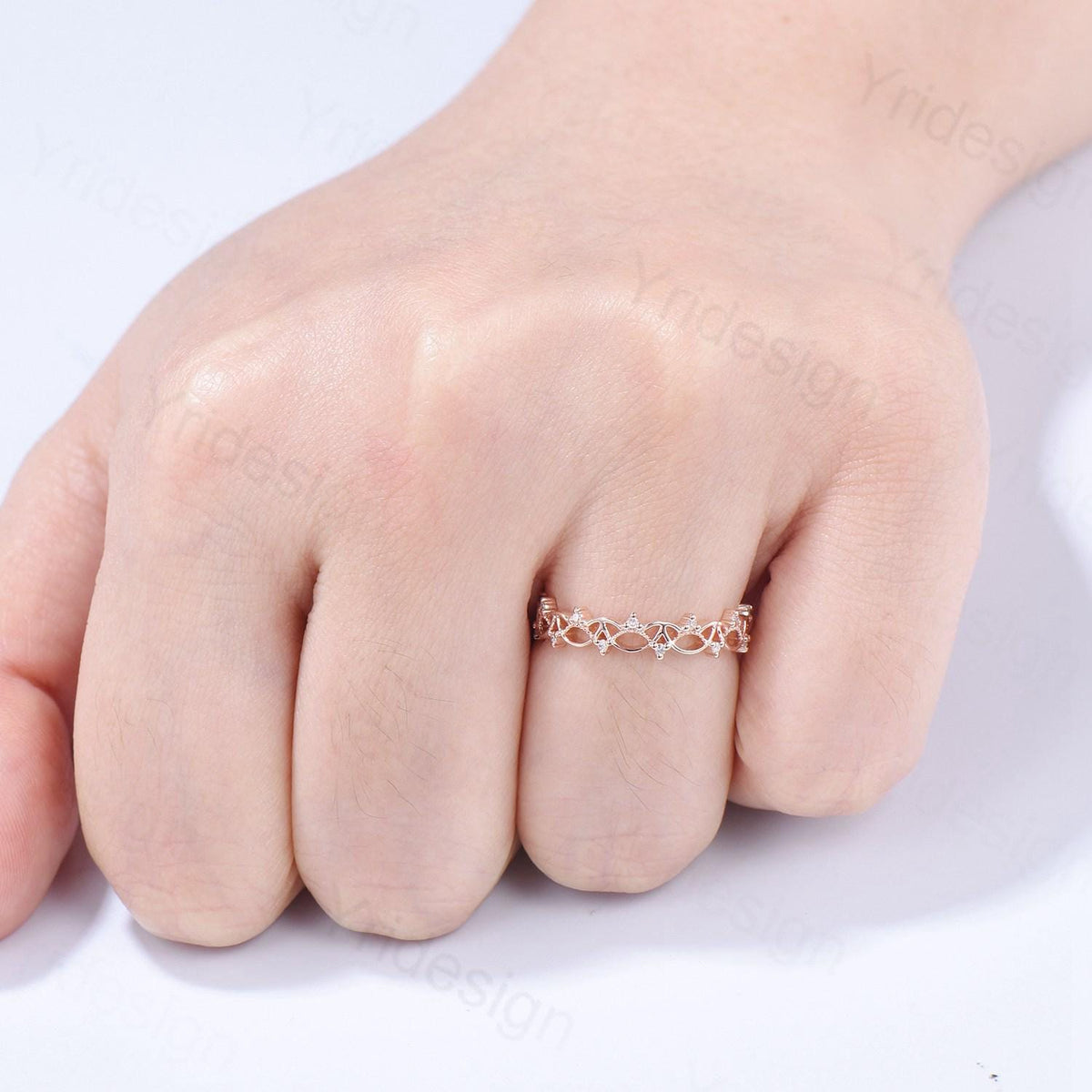 Art Deco 14K Rose Gold Diamond Wedding Band Anniversary Bridal Ring Unique Handmade Jewelry Gift Celtic Knot Stacking Diamond Band