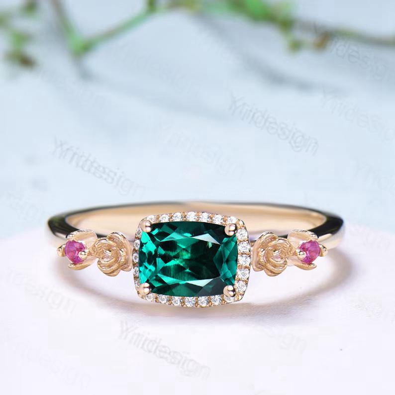 Unique east to west emerald wedding ring halo diamond floral emerald engagement ring Art deco rose gold pink tourmaline anniversary ring