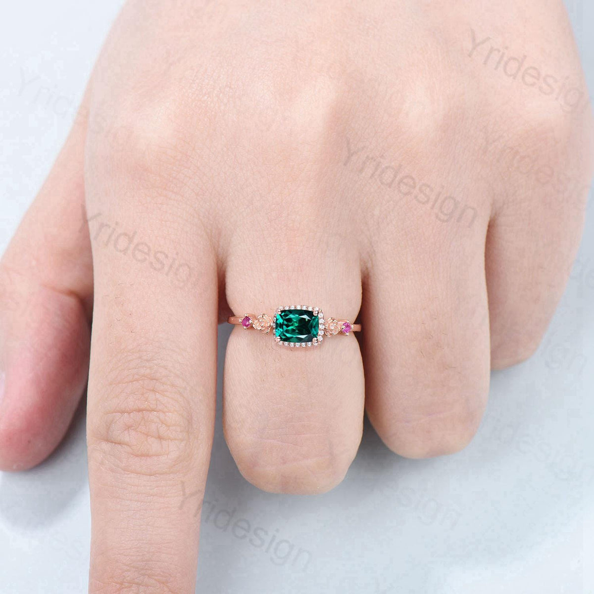 Unique east to west emerald wedding ring halo diamond floral emerald engagement ring Art deco rose gold pink tourmaline anniversary ring