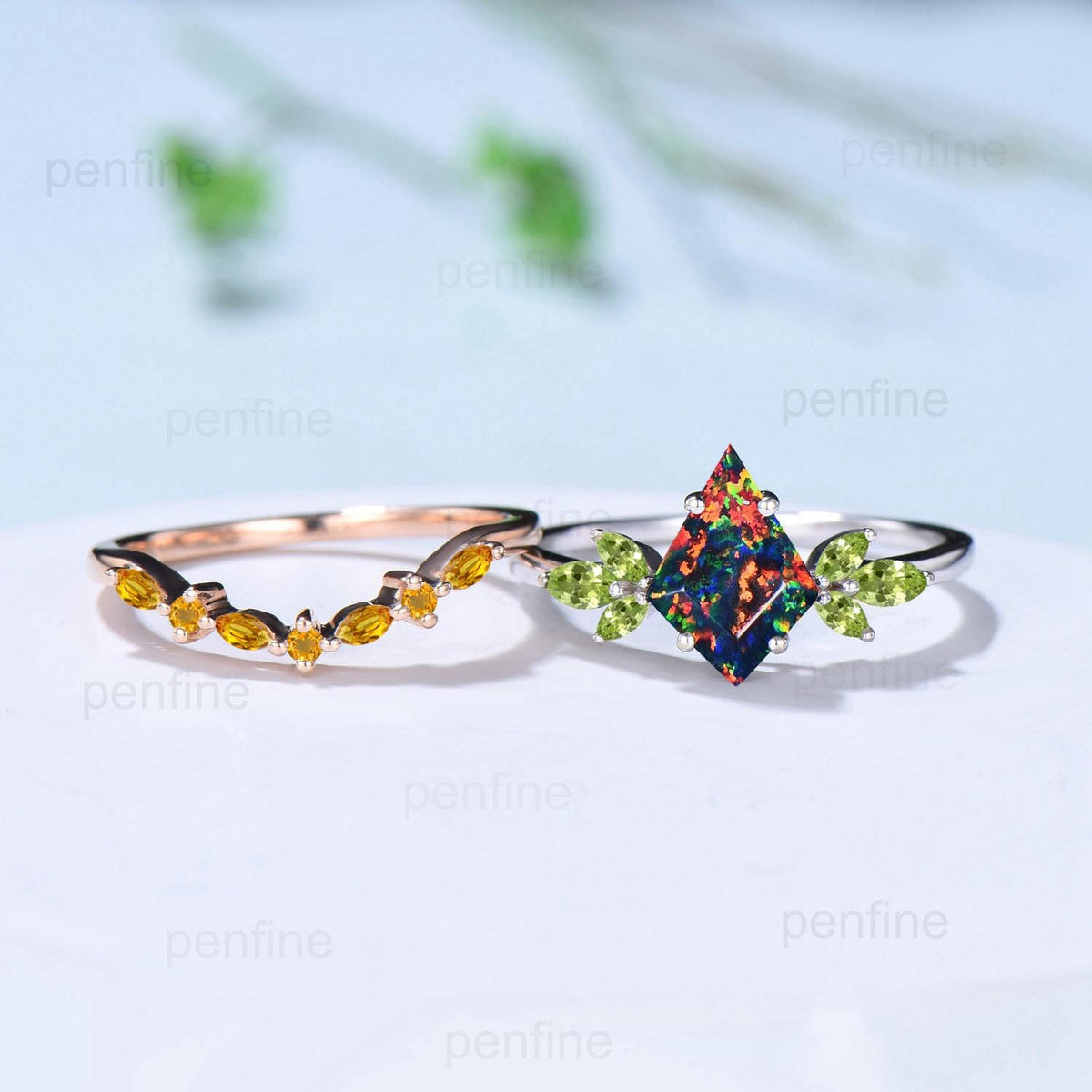 Retro kite cut black fire opal engagement ring set Vintage cluster peridot wedding ring citrine stacking band October birthstone bridal set