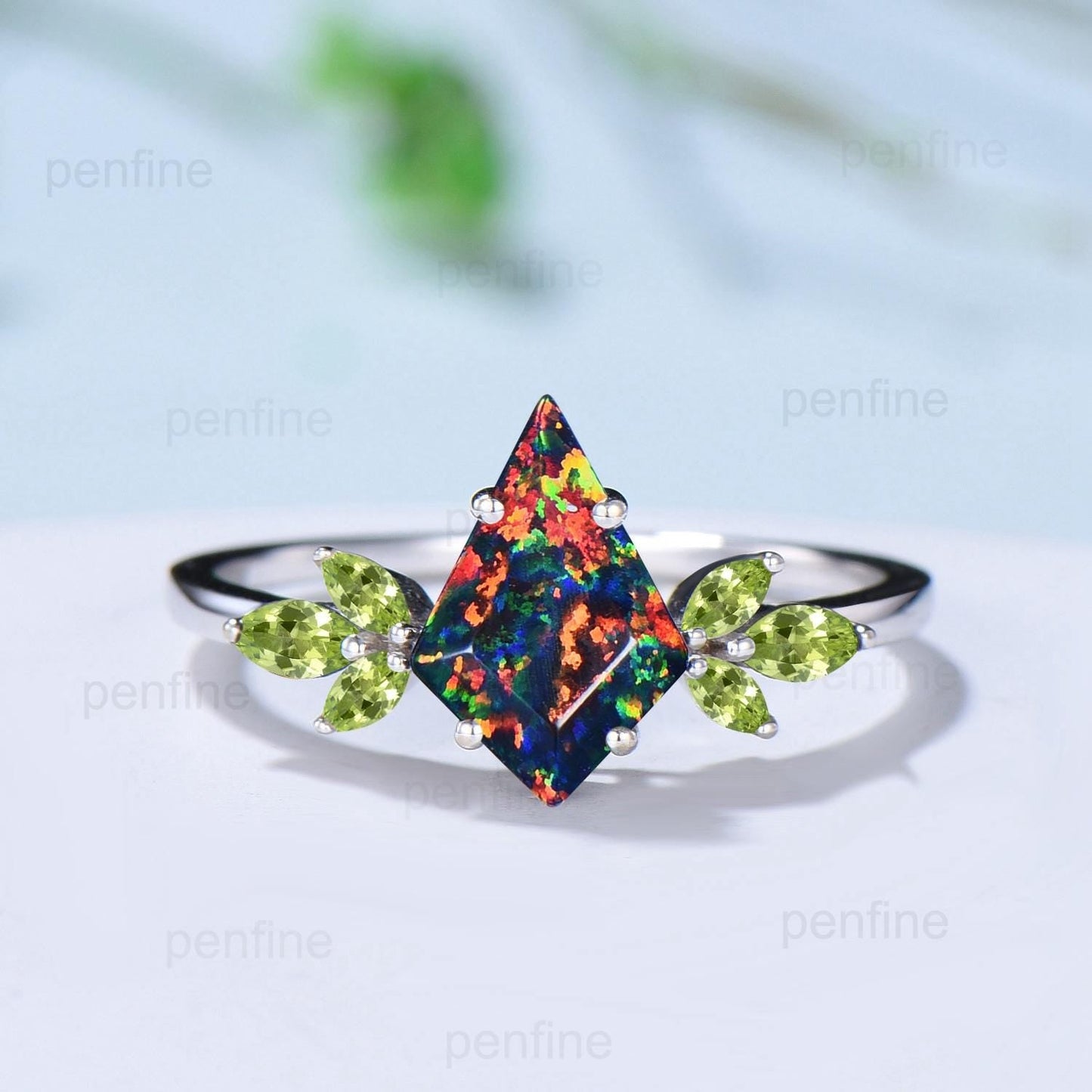 Retro kite cut black fire opal engagement ring set Vintage cluster peridot wedding ring citrine stacking band October birthstone bridal set