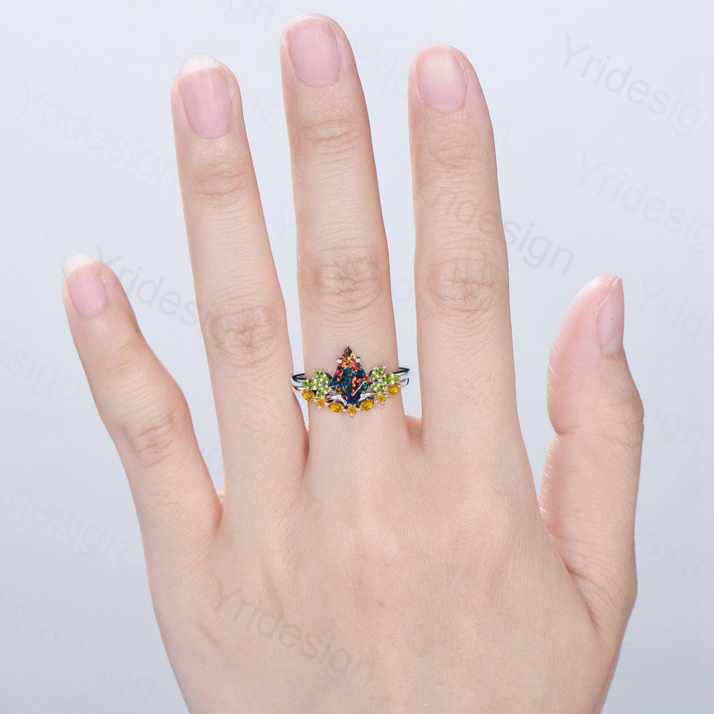 Retro kite cut black fire opal engagement ring set Vintage cluster peridot wedding ring citrine stacking band October birthstone bridal set