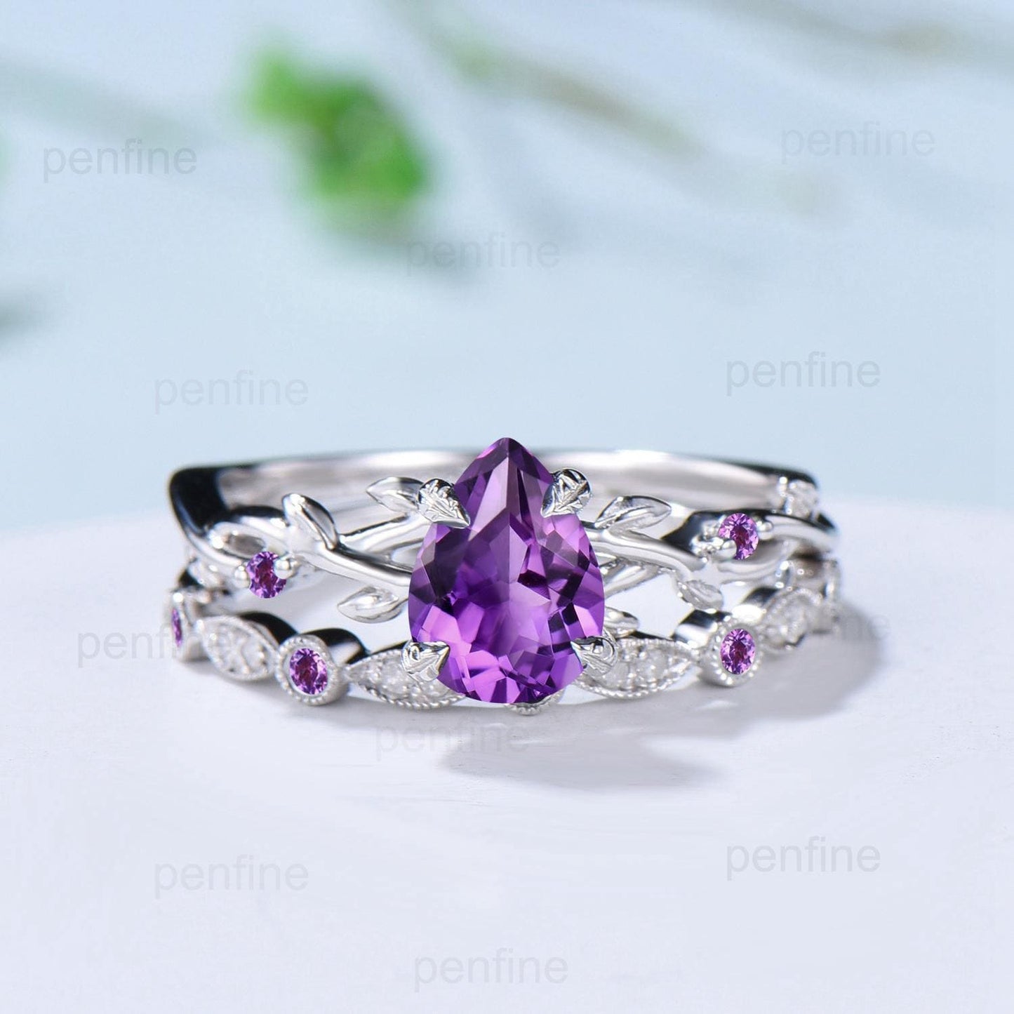 Vintage Amethyst Ring Set Pear Shaped Purple Amethyst Engagement Ring Nature Inspired Wedding Set Art Deco February Birthstone Jewelry Gift
