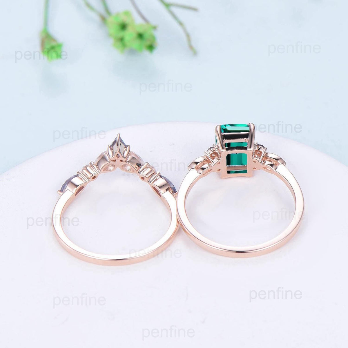 Vintage Emerald Cut Emerald Engagement Ring Set Unique Seven Stone Moss Agate Wedding Ring Set Silver Rose Gold May Birthstone Bridal Set