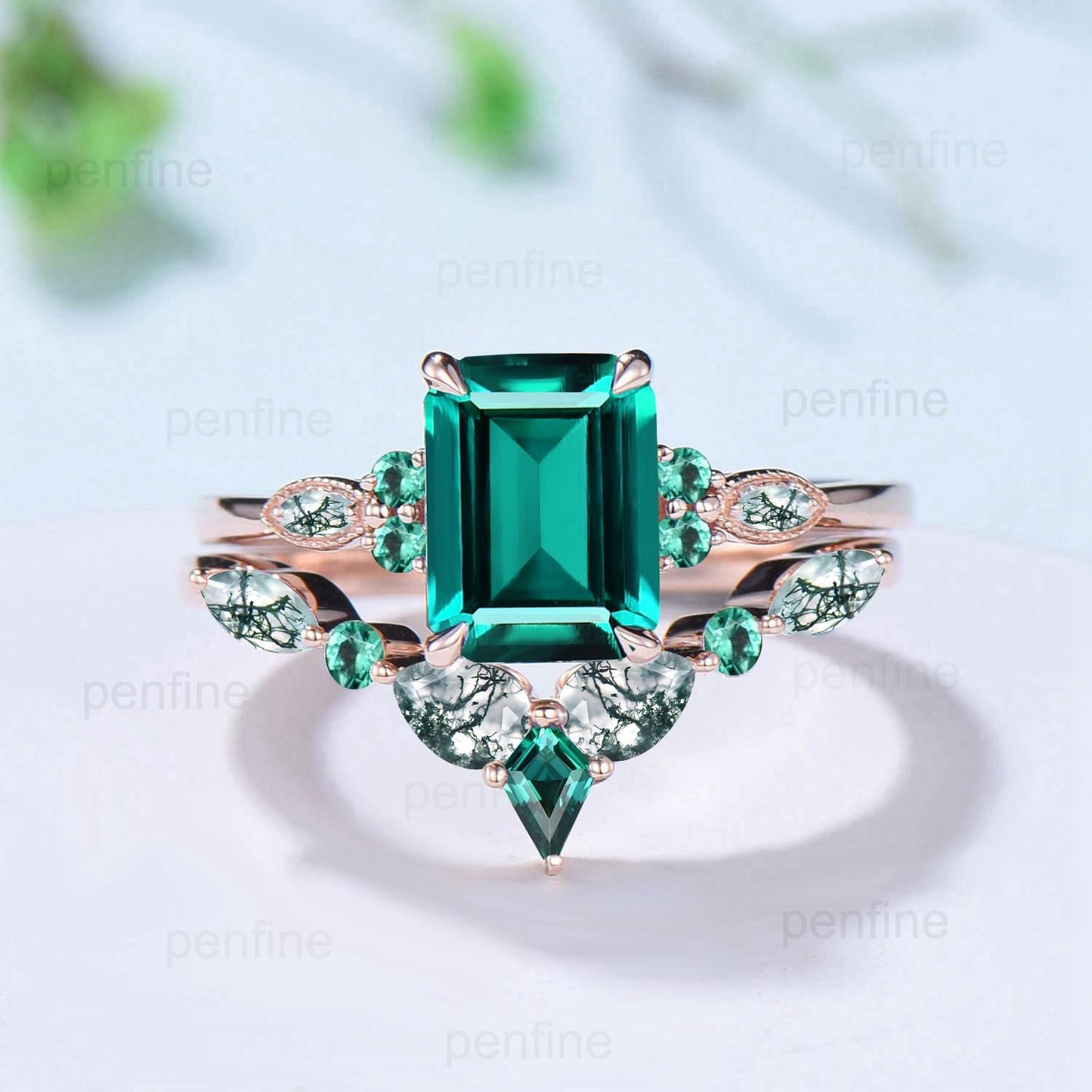Vintage Emerald Cut Emerald Engagement Ring Set Unique Seven Stone Moss Agate Wedding Ring Set Silver Rose Gold May Birthstone Bridal Set