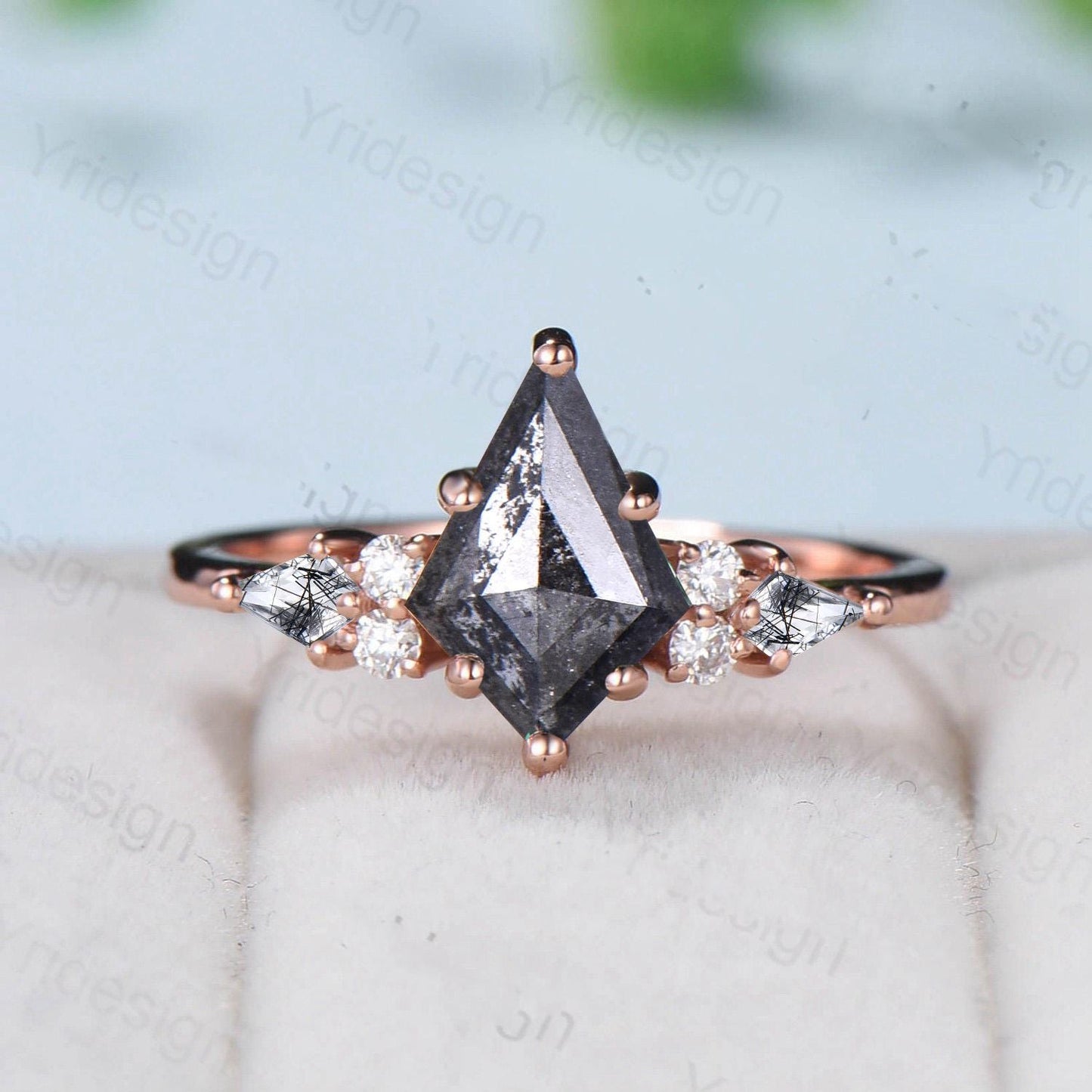 Vintage kite cut salt pepper diamond engagement ring set 14k rose gold six prong kite cut rutilated quartz ring unique bridal wedding set