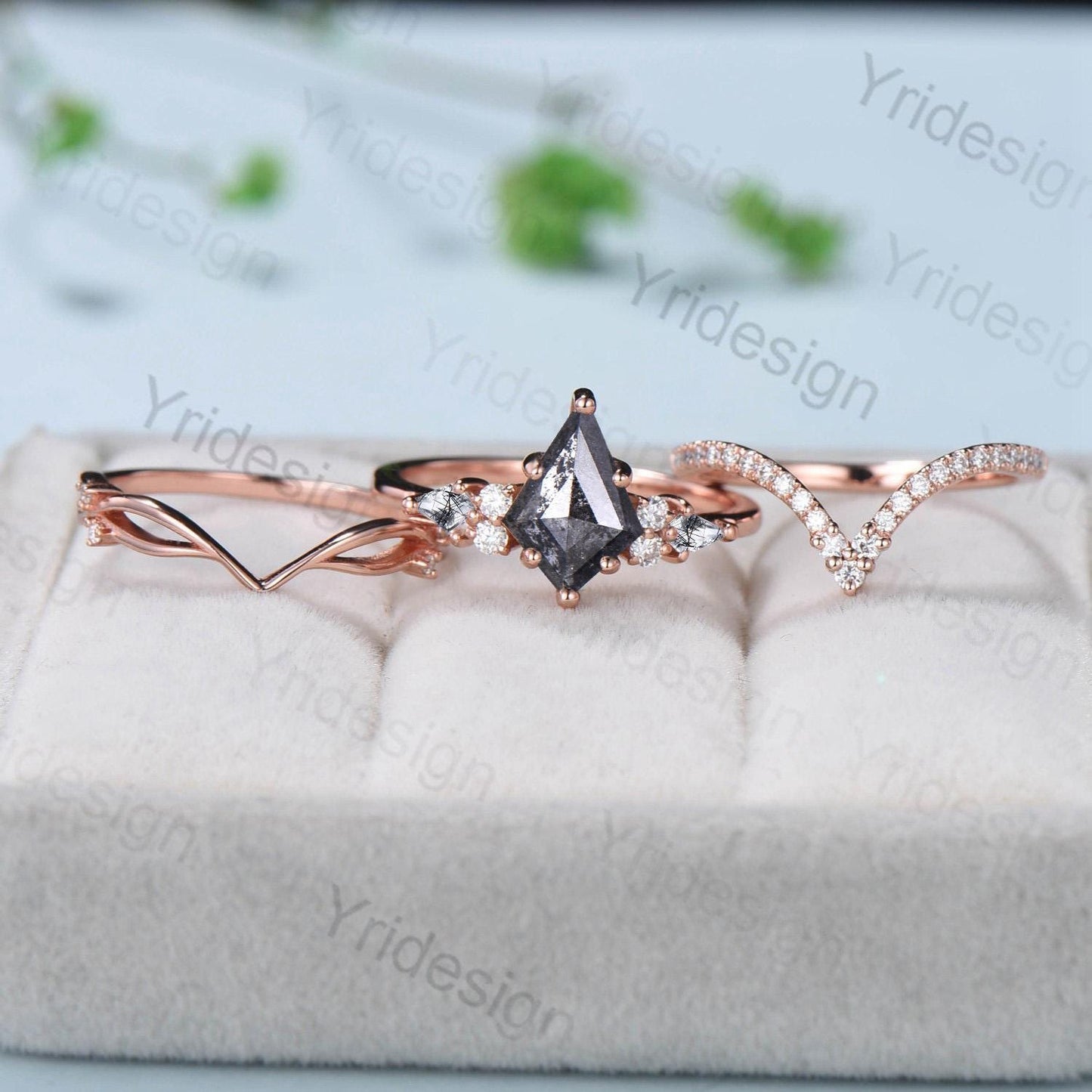 Vintage kite cut salt pepper diamond engagement ring set 14k rose gold six prong kite cut rutilated quartz ring unique bridal wedding set