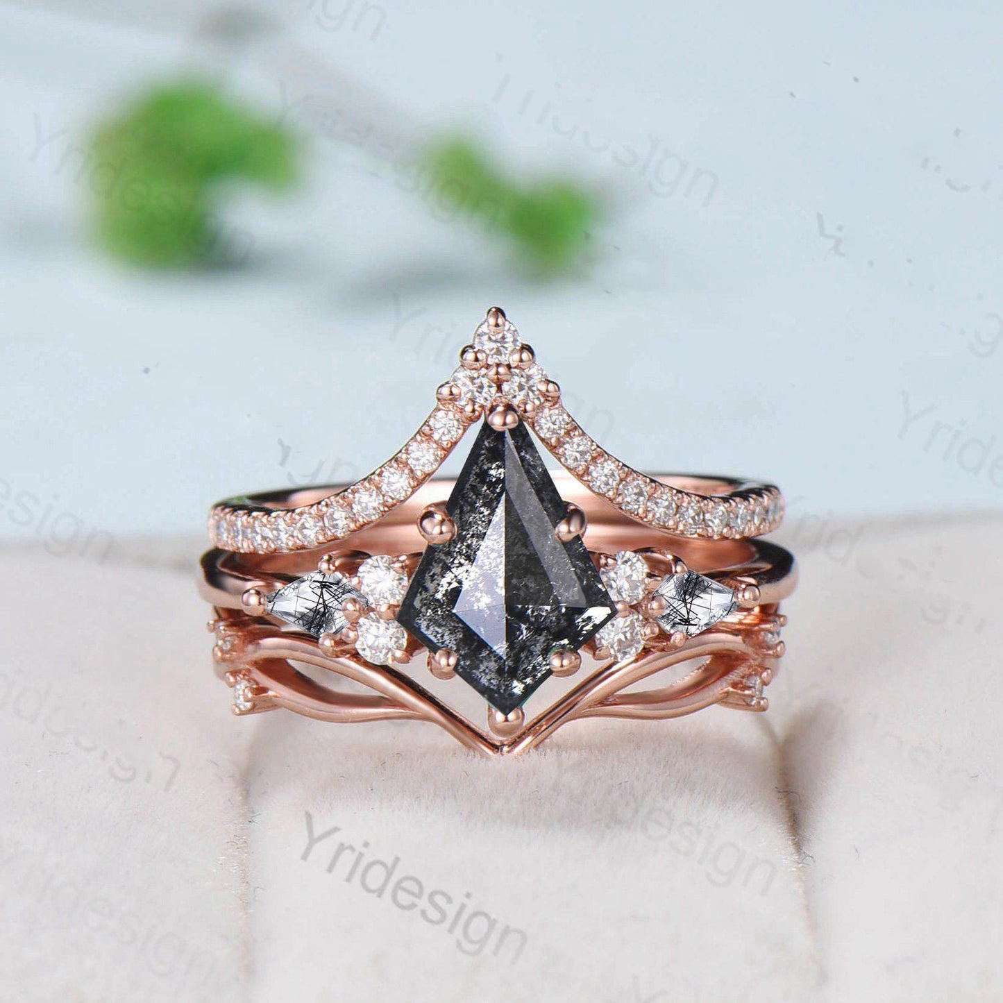 Vintage kite cut salt pepper diamond engagement ring set 14k rose gold six prong kite cut rutilated quartz ring unique bridal wedding set
