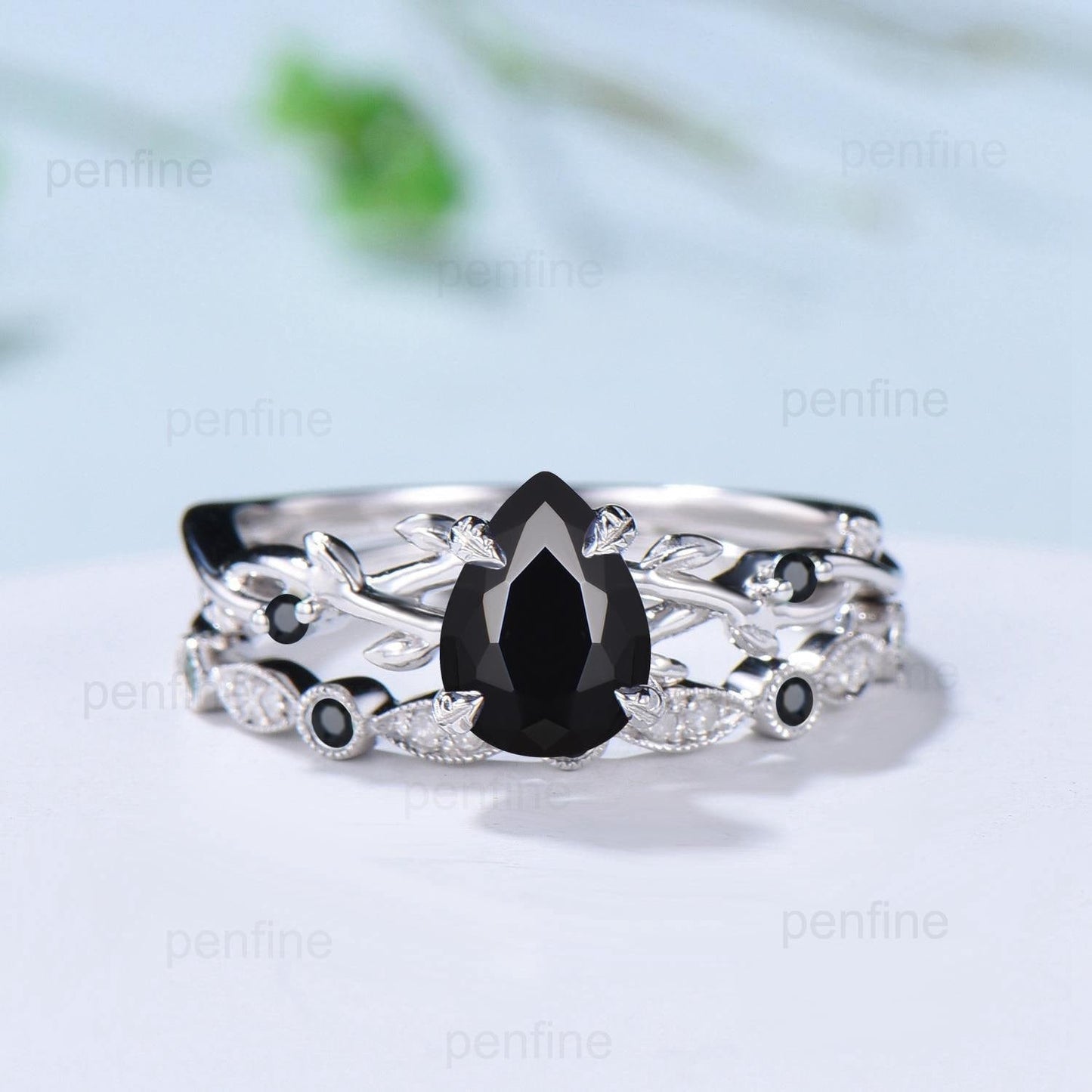 Vintage Black Onyx Ring Set Pear Shaped Twig Vine Engagement Ring Nature Inspired Wedding Set Art Deco Anniversary Promise Jewelry Gifts