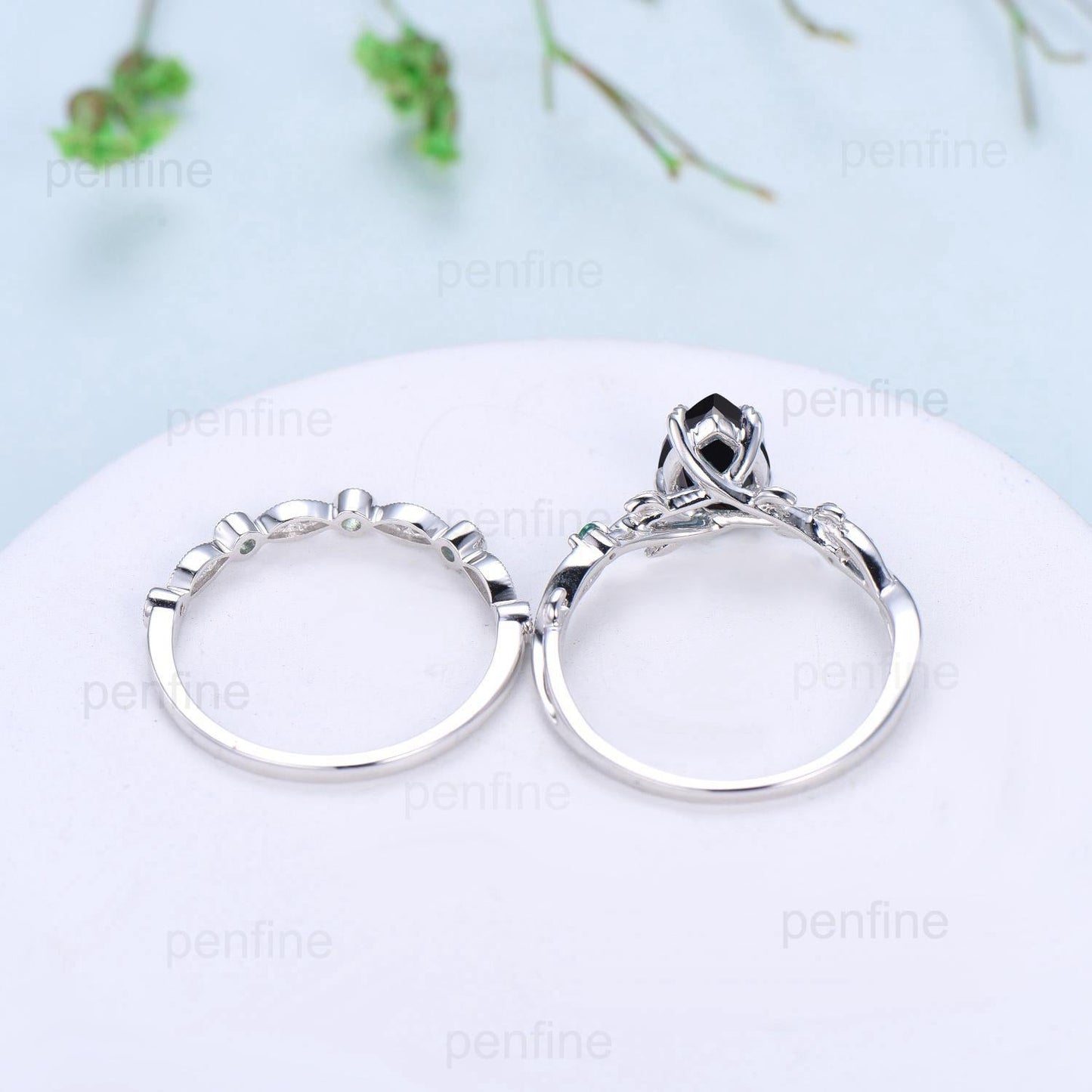 Vintage Black Onyx Ring Set Pear Shaped Twig Vine Engagement Ring Nature Inspired Wedding Set Art Deco Anniversary Promise Jewelry Gifts