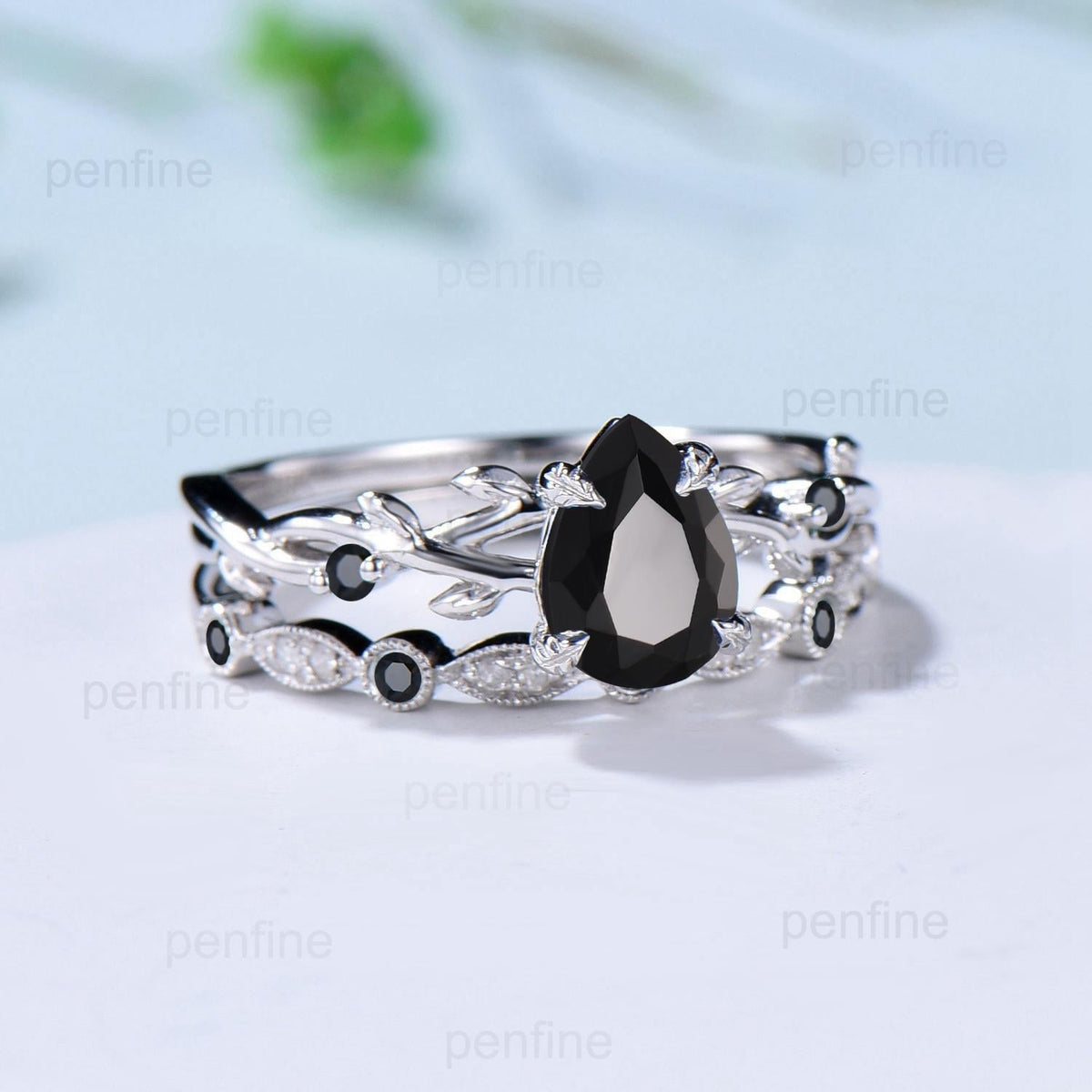 Vintage Black Onyx Ring Set Pear Shaped Twig Vine Engagement Ring Nature Inspired Wedding Set Art Deco Anniversary Promise Jewelry Gifts