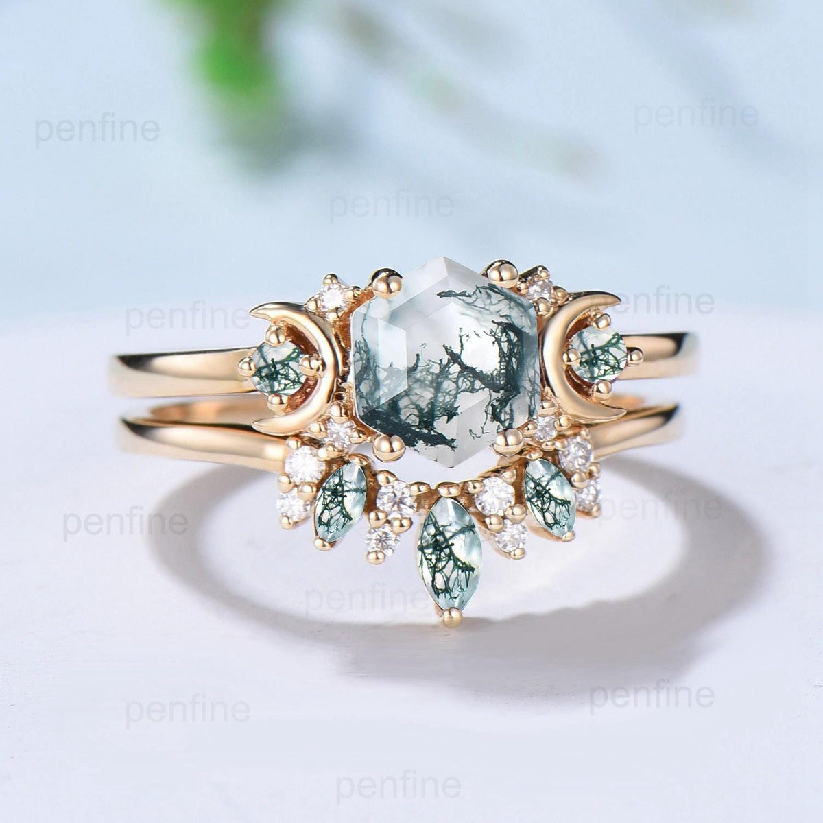 Vintage moss agate engagement ring set hexagon cut 14k yellow gold moon wedding ring Elegant unique green birthstone bridal ring set women