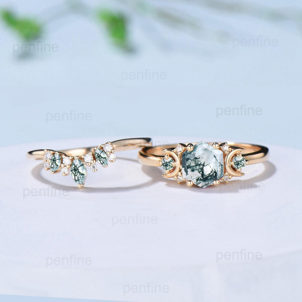 Vintage moss agate engagement ring set hexagon cut 14k yellow gold moon wedding ring Elegant unique green birthstone bridal ring set women
