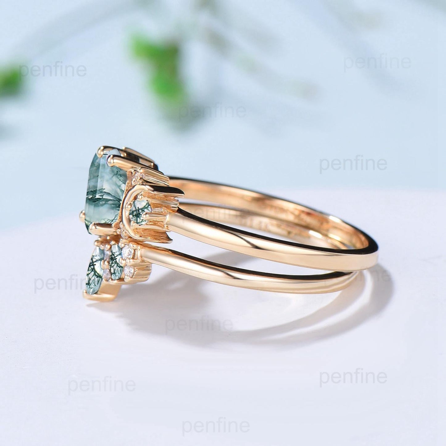 Vintage moss agate engagement ring set hexagon cut 14k yellow gold moon wedding ring Elegant unique green birthstone bridal ring set women