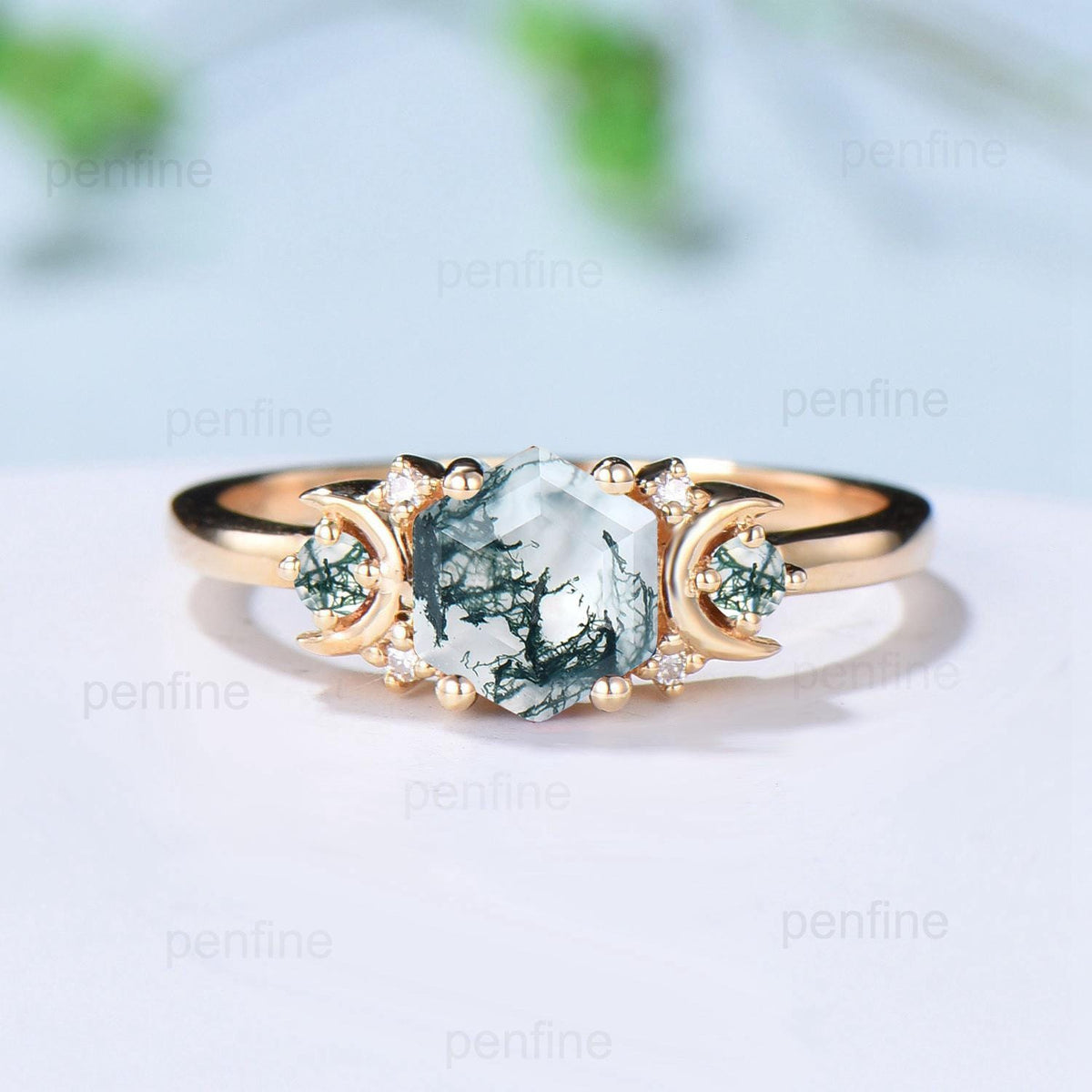 Vintage moss agate engagement ring set hexagon cut 14k yellow gold moon wedding ring Elegant unique green birthstone bridal ring set women