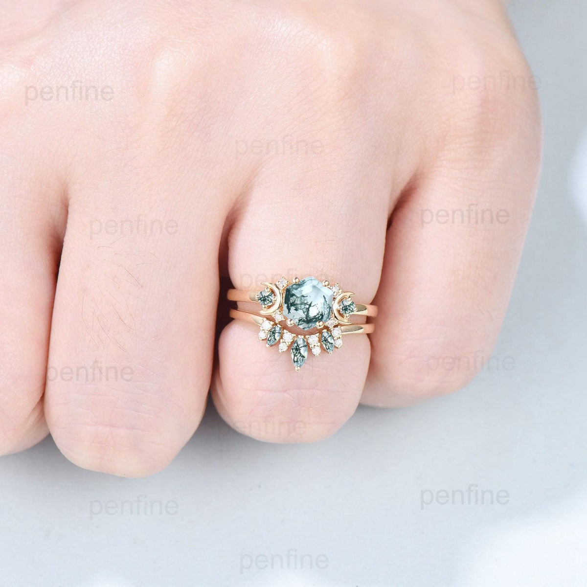 Vintage moss agate engagement ring set hexagon cut 14k yellow gold moon wedding ring Elegant unique green birthstone bridal ring set women