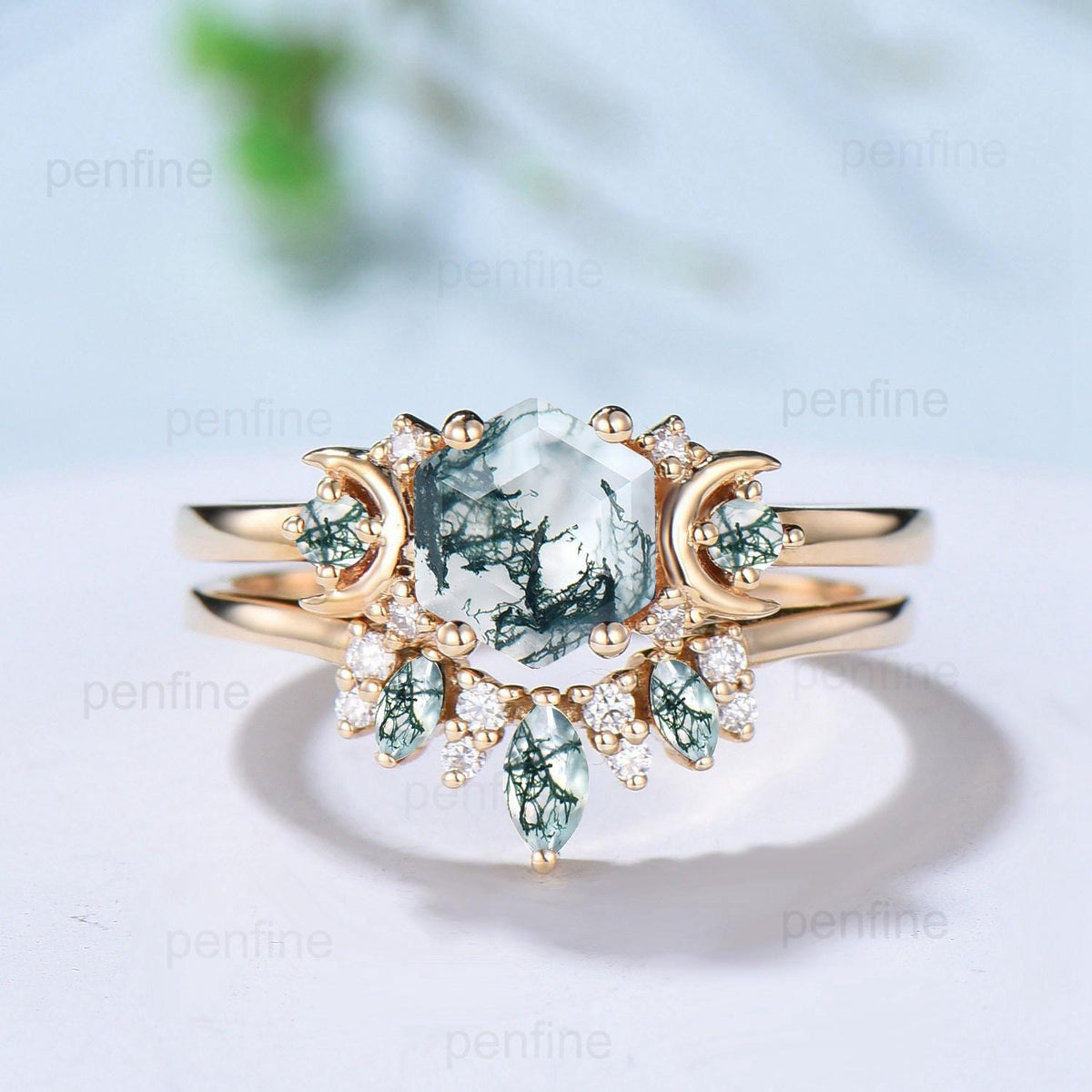 Vintage moss agate engagement ring set hexagon cut 14k yellow gold moon wedding ring Elegant unique green birthstone bridal ring set women