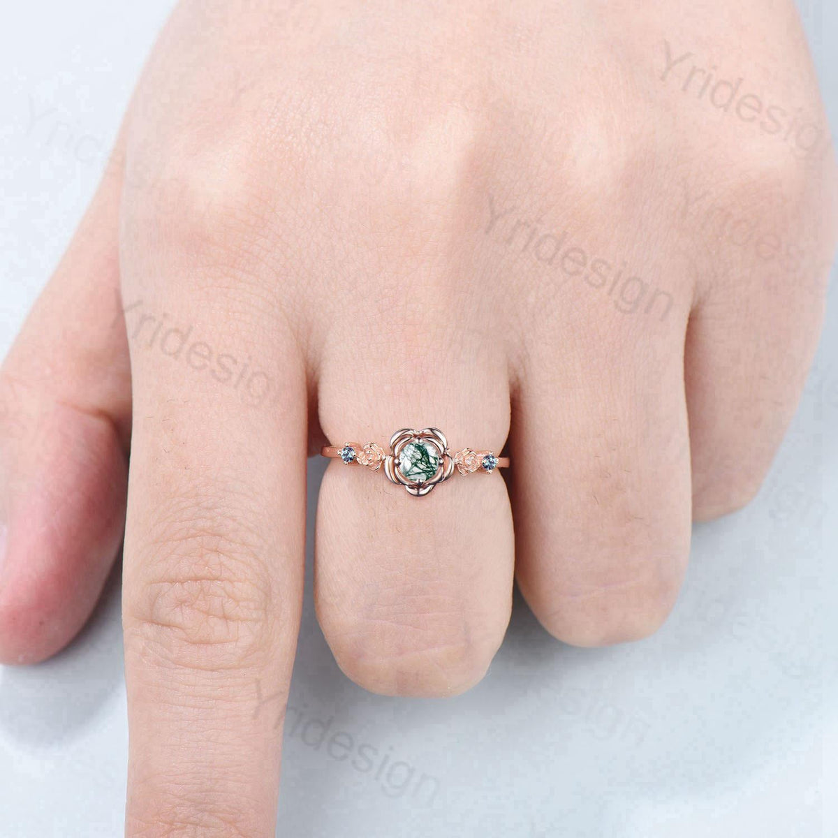Floral round moss agate engagement ring nature inspired green agate alexandrite wedding ring vintage flower anniversary promise ring women