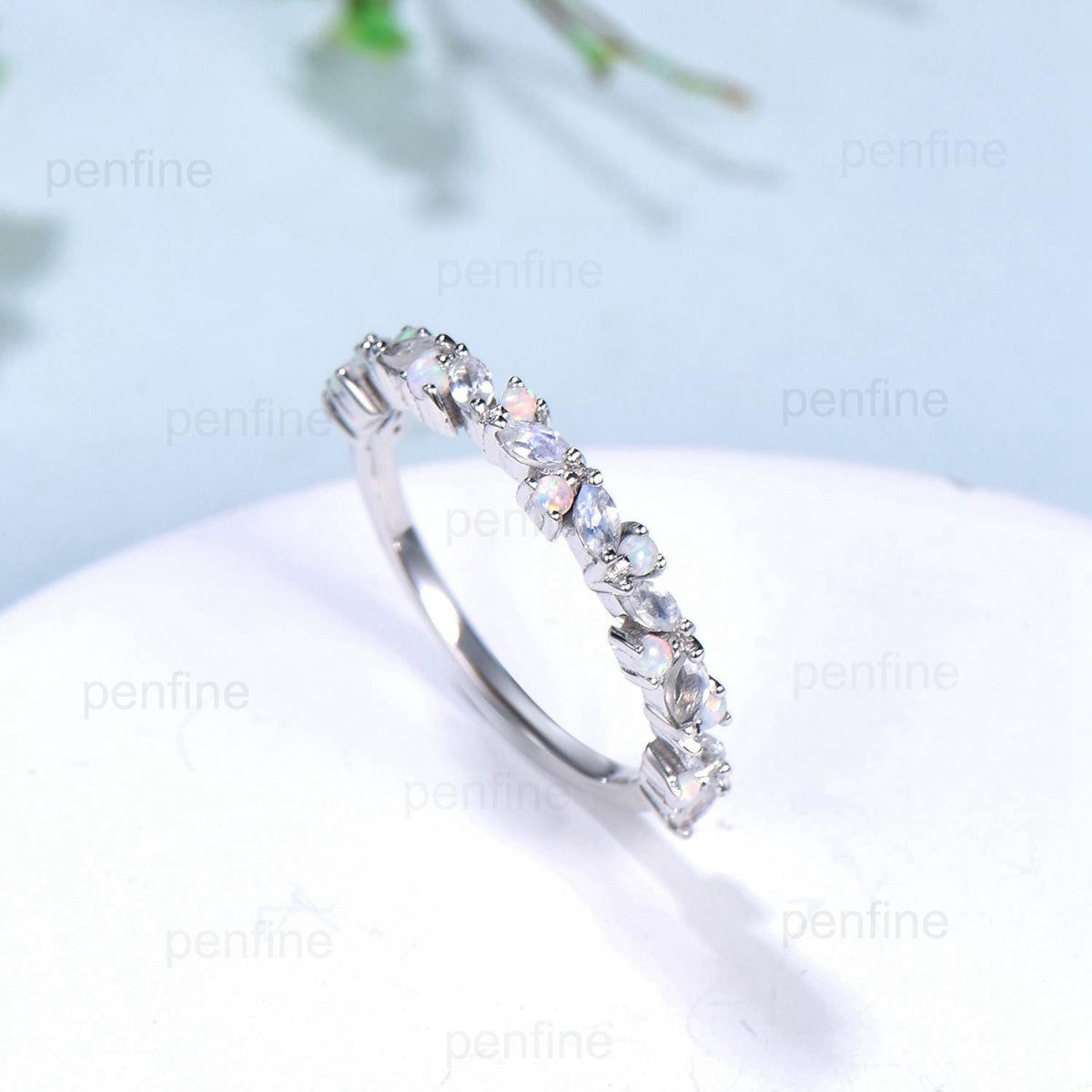Vintage Marquise Moonstone Opal Wedding Band, 14k Yellow Gold Stacking Ring
