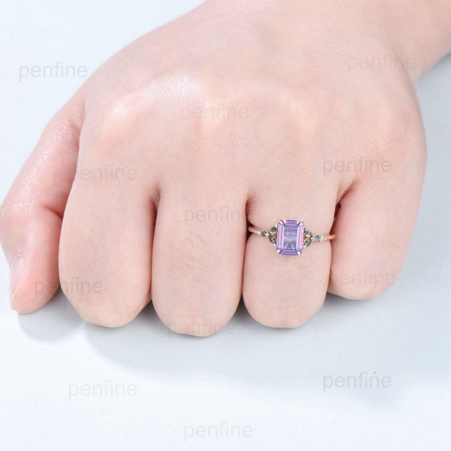 Vintage Emerald Cut Natural Lavender Amethyst Engagement Ring Marquise Cut Moss Agate Ring Silver Rose Gold Retro Anniversary Promise Gift