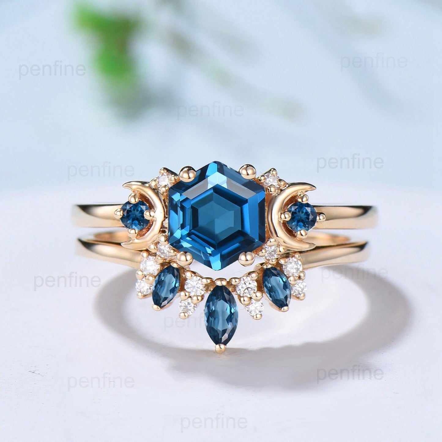 Unique London blue topaz engagement ring set hexagon cut 14k yellow gold moon wedding ring Elegant November birthstone bridal ring set women