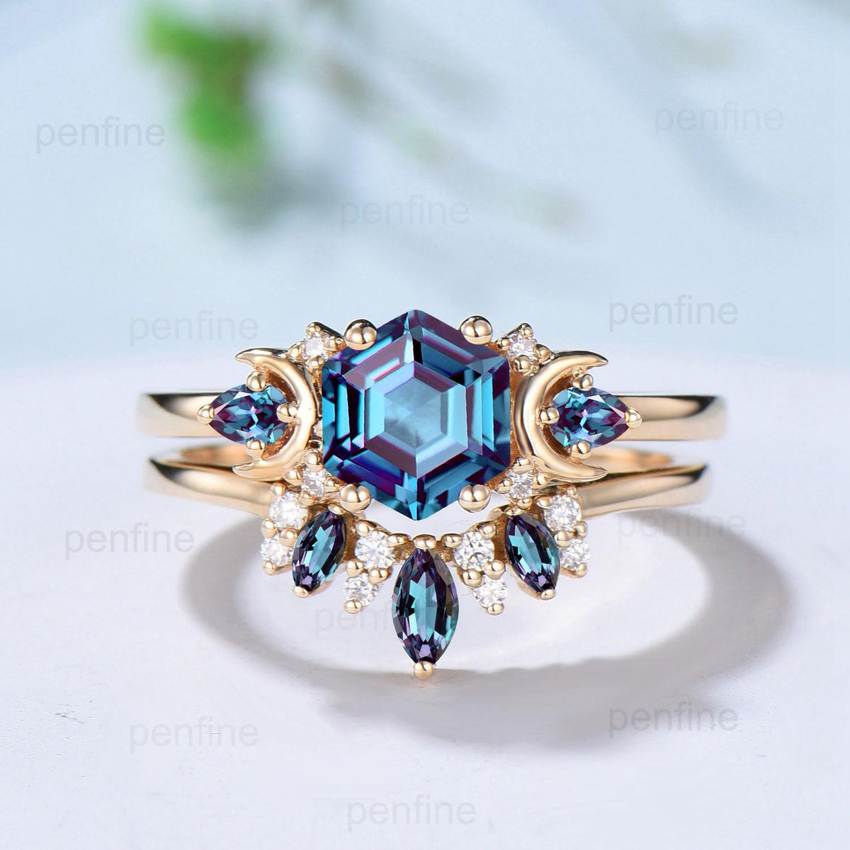Unique hexagon cut alexandrite engagement ring set 14k yellow gold moon pear color change stone wedding ring Elegant Alexandrite bridal set