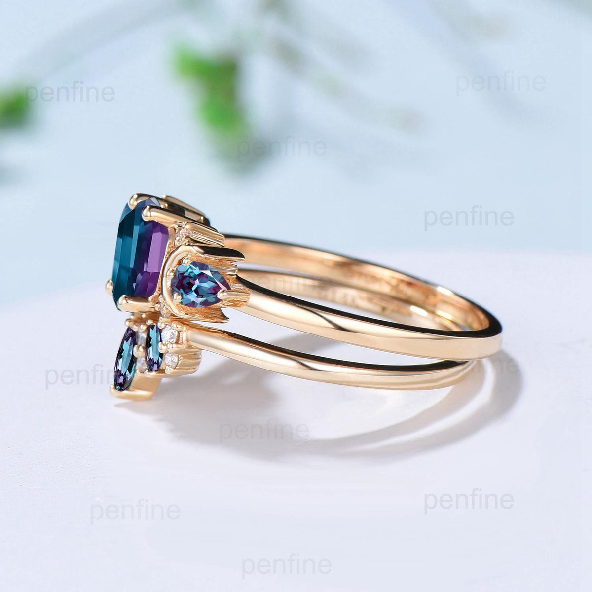 Unique hexagon cut alexandrite engagement ring set 14k yellow gold moon pear color change stone wedding ring Elegant Alexandrite bridal set