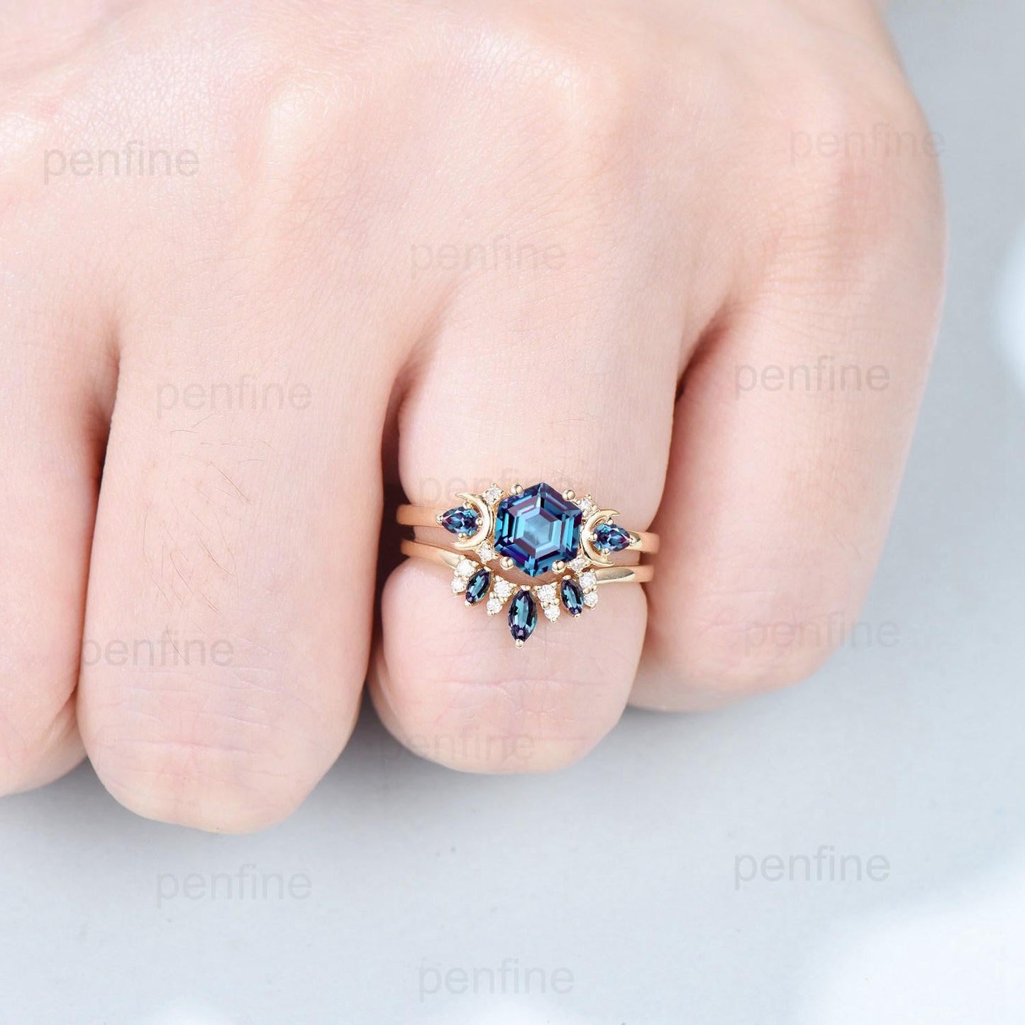 Unique hexagon cut alexandrite engagement ring set 14k yellow gold moon pear color change stone wedding ring Elegant Alexandrite bridal set