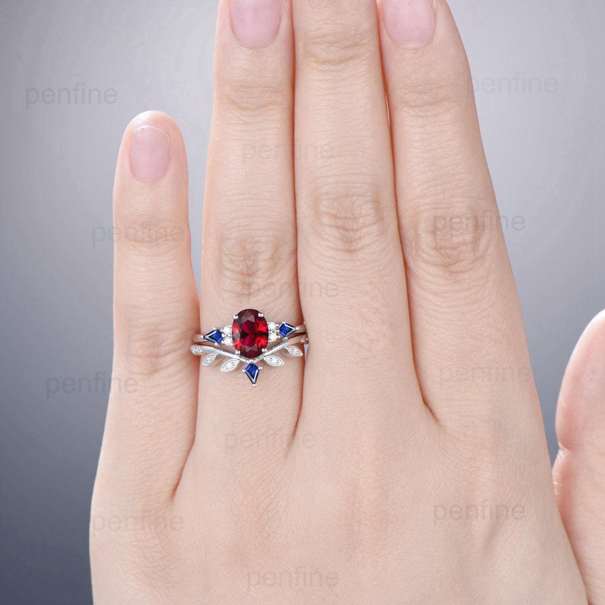 Vintage oval ruby engagement ring set Seven stone kite sapphire red ruby wedding ring set unique July birthstone anniversary promise ring