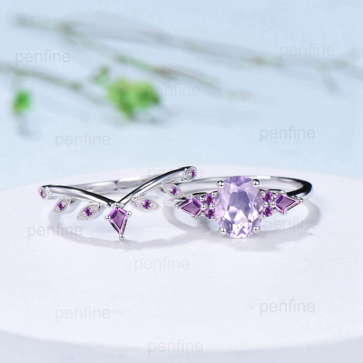 Handmade 14K Gold Lavender Amethyst Ring Set, Vintage Engagement Promise Ring