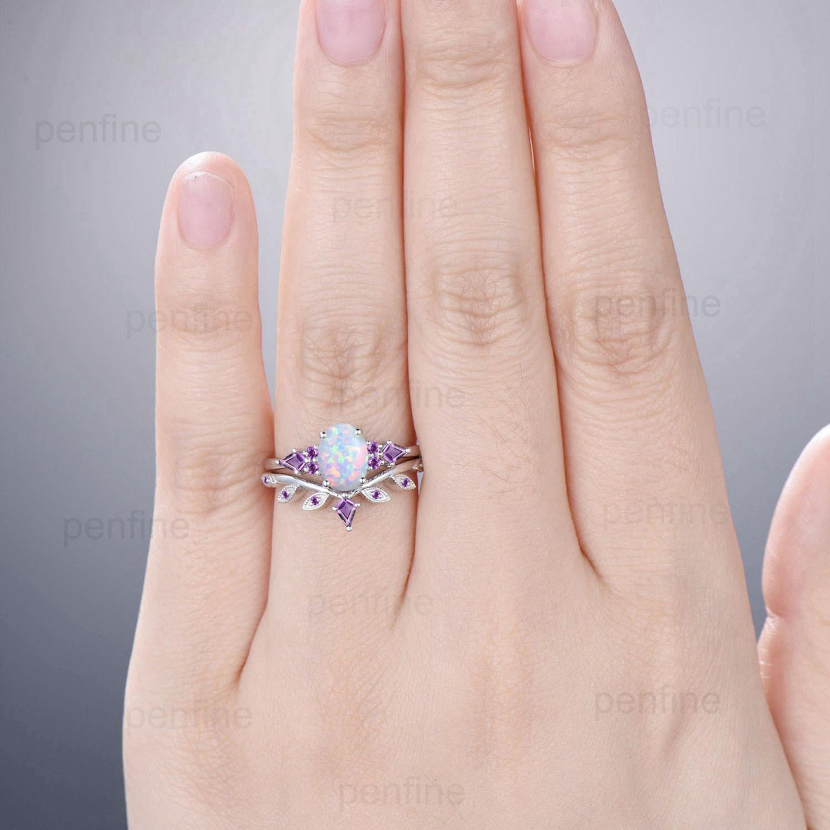 Vintage White Opal Ring Set for Women 1.5CT Oval October Birthstone Promise Engagement Unique Purple Amethyst Birthday Gifts for Daughter