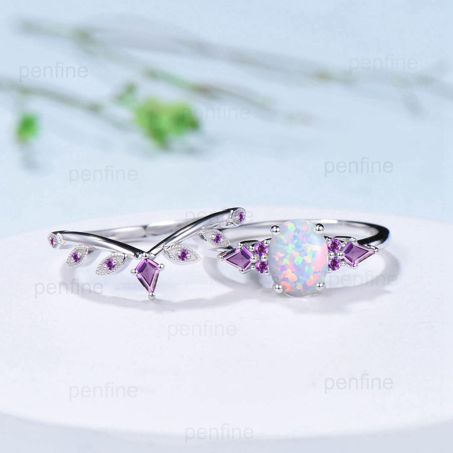 Vintage White Opal Ring Set for Women 1.5CT Oval October Birthstone Promise Engagement Unique Purple Amethyst Birthday Gifts for Daughter