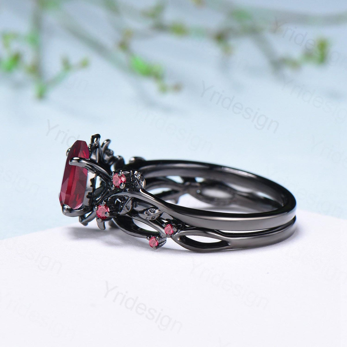 Nature inspired pear shaped ruby ring set black gold branch lab ruby engagement ring unique July birthstone twig vine wedding ring set women
