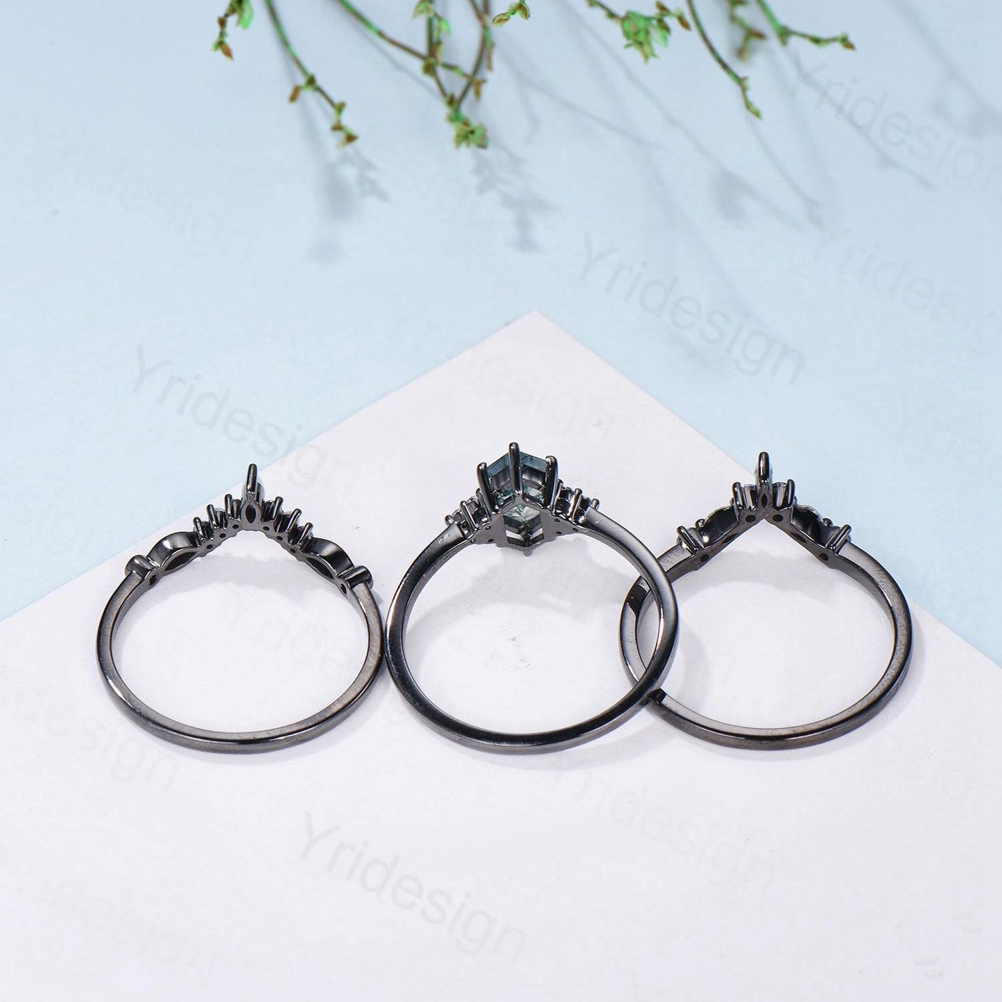 Three Stone Black Gold Alexandrite Wedding Ring Set Unique Long Hexagon Alexandrite Trillion Opal Gothic Engagement Ring Sapphire Opal Band