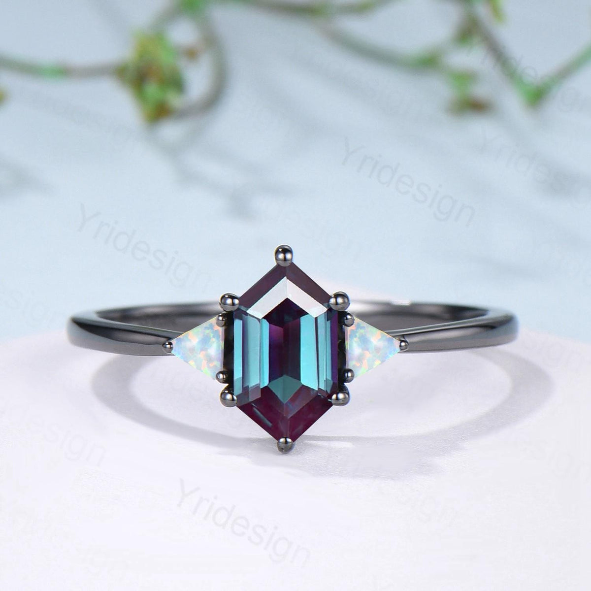 Three Stone Black Gold Alexandrite Wedding Ring Set Unique Long Hexagon Alexandrite Trillion Opal Gothic Engagement Ring Sapphire Opal Band