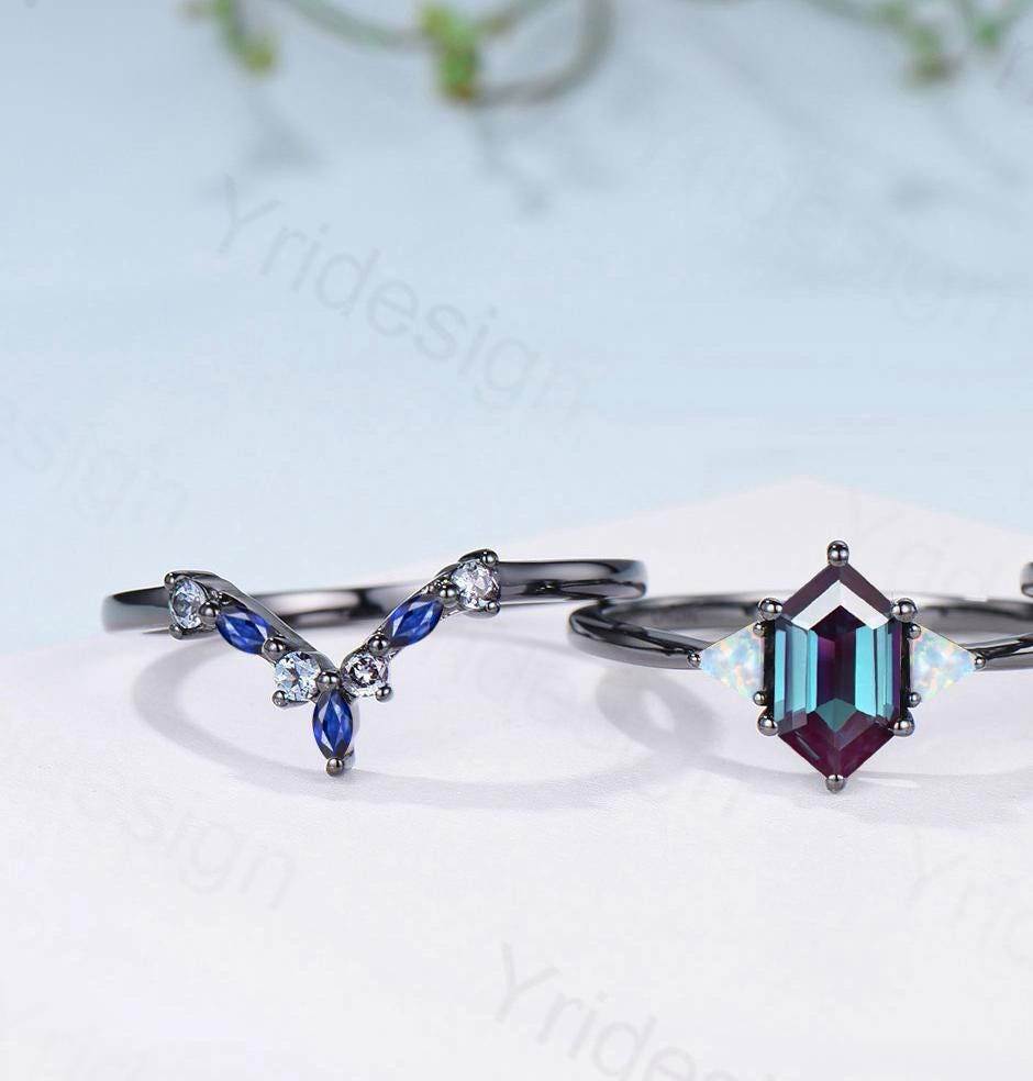 Three Stone Black Gold Alexandrite Wedding Ring Set Unique Long Hexagon Alexandrite Trillion Opal Gothic Engagement Ring Sapphire Opal Band