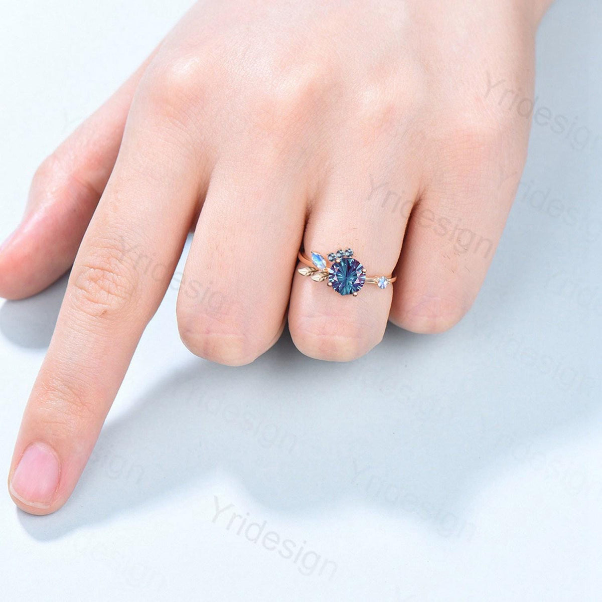 Unique fireworks cut alexandrite engagement ring branch leaves vine marquise moonstone wedding ring cluster June birthstone anniversary gift