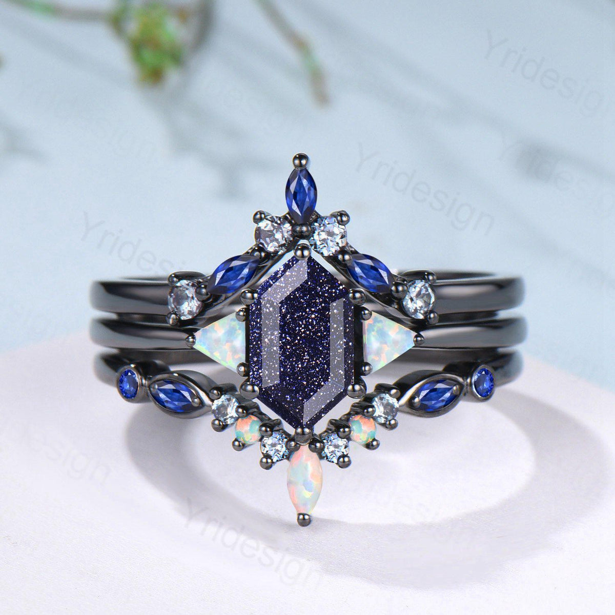 Black Gold Blue Sandstone Engagement Ring Set Unique Long Hexagon Galaxy Goldstone Three Stone Trillion Opal Gothic Sapphire Opal Bridal Set