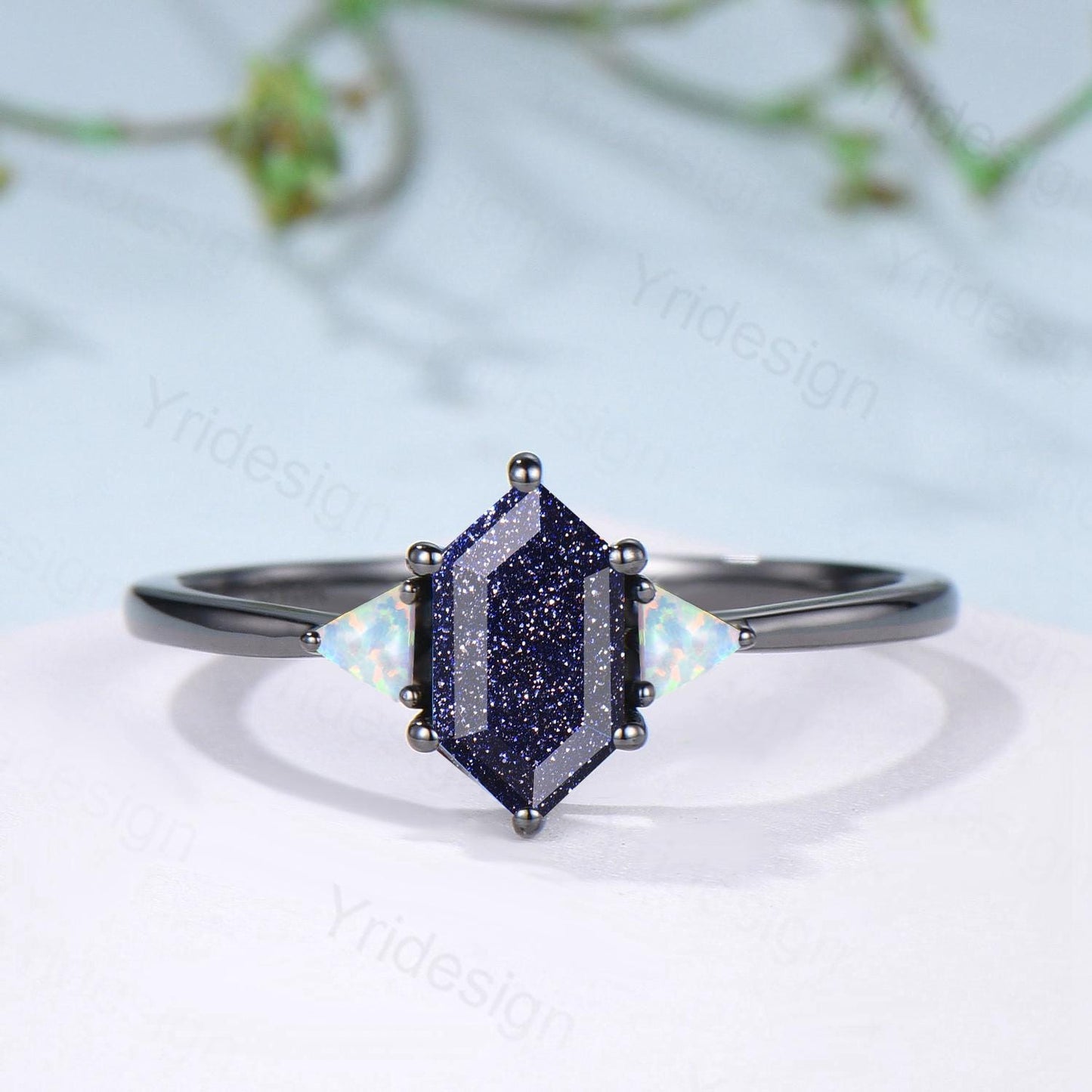 Black Gold Blue Sandstone Engagement Ring Set Unique Long Hexagon Galaxy Goldstone Three Stone Trillion Opal Gothic Sapphire Opal Bridal Set