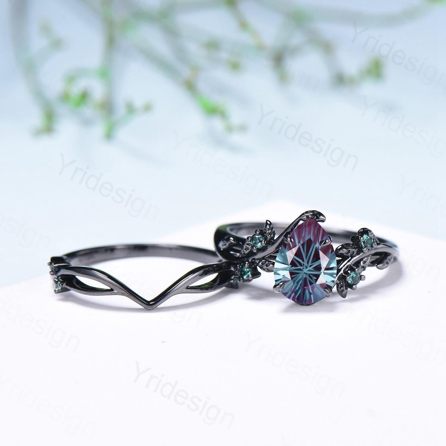 Fireworks Cut Alexandrite Engagement Ring Set Twig Vine Nature Inspired Black Gold Emerald Cluster Bridal Set