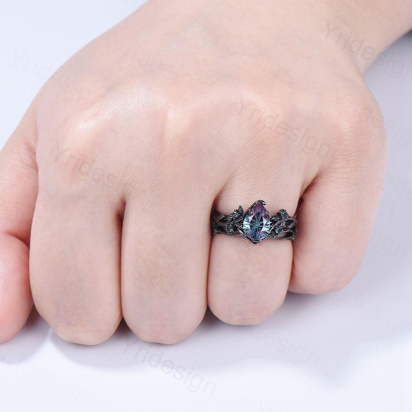 Fireworks Cut Alexandrite Engagement Ring Set Twig Vine Nature Inspired Black Gold Emerald Cluster Bridal Set