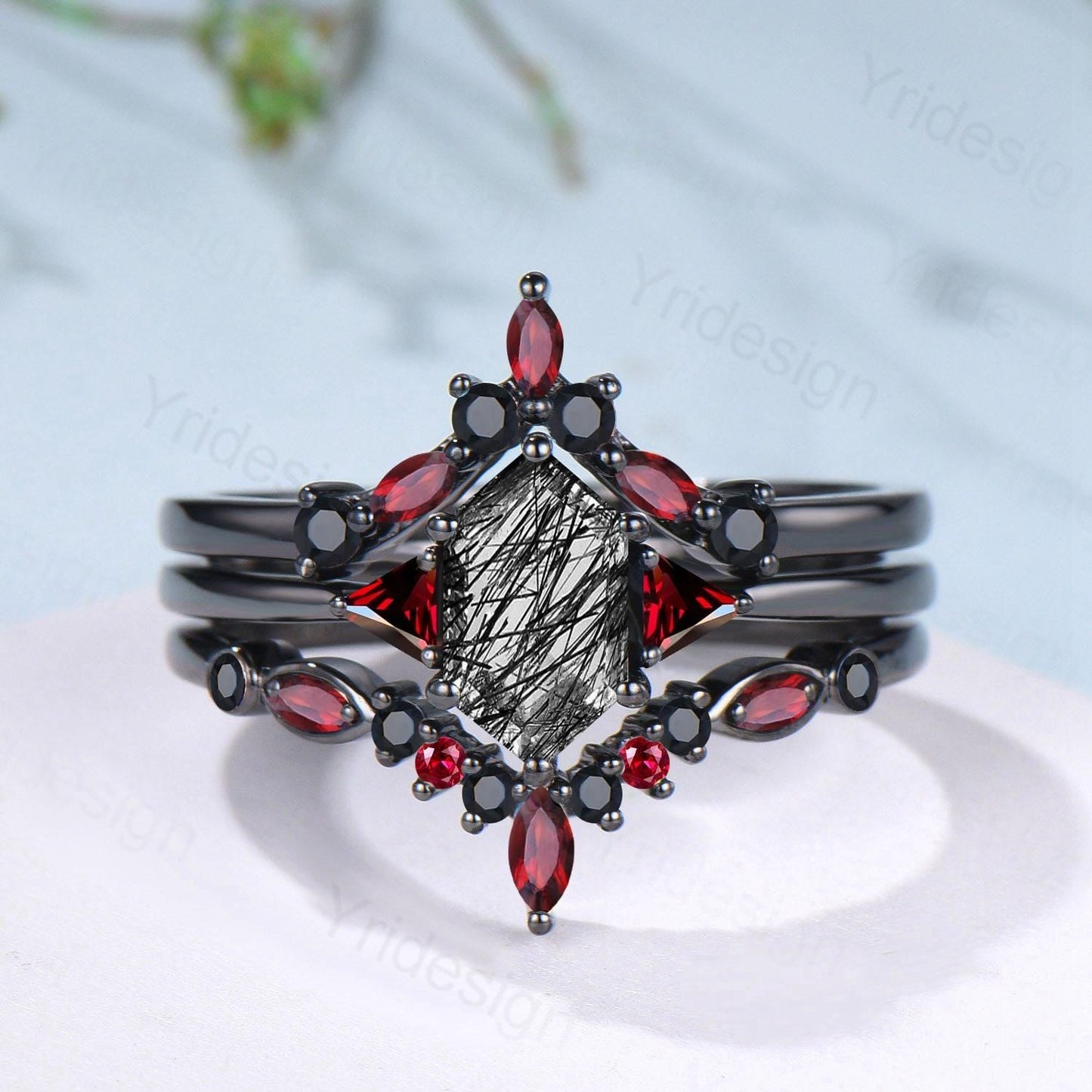 Three Stone Black Gold Rutilated Quartz Wedding Ring Set Unique Long Hexagon Black Tourmaline Trillion Garnet Spinel Gothic Engagement Ring