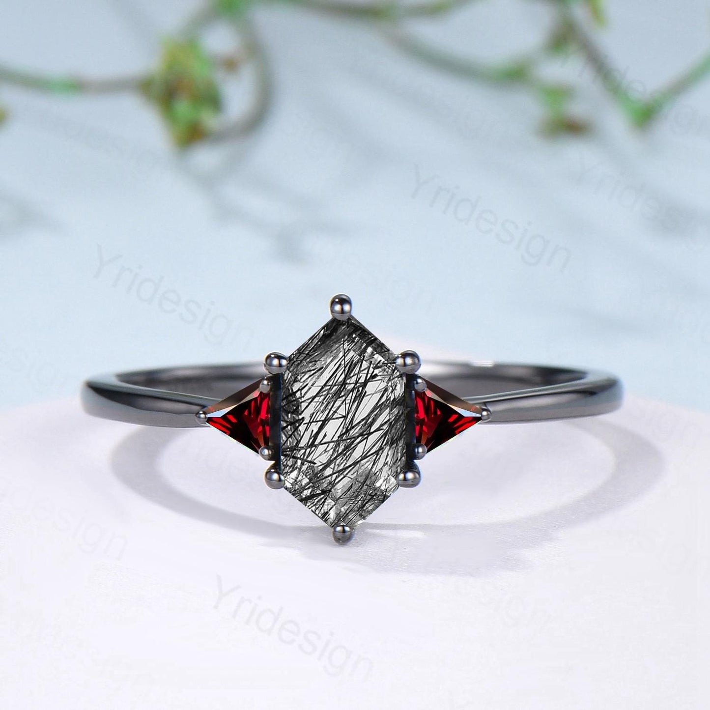 Three Stone Black Gold Rutilated Quartz Wedding Ring Set Unique Long Hexagon Black Tourmaline Trillion Garnet Spinel Gothic Engagement Ring