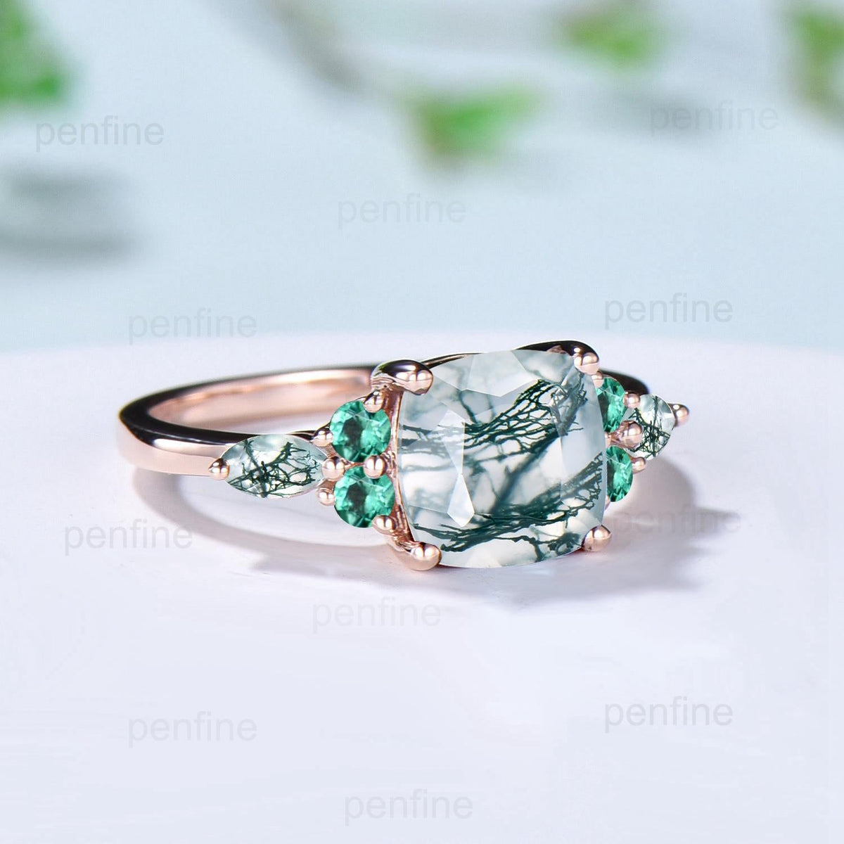 Vintage Cushion Natural Moss Agate Ring Dainty Cluster Emerald Marquise Engagement Ring Unique Art Deco Seven Stone Promise Anniversary Gift