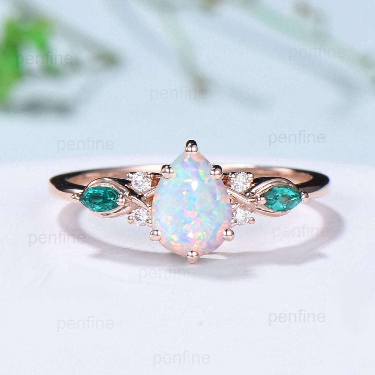 Vintage Pear Shaped Fire Opal Engagement Ring Set Rose Gold Opal Emerald Wedding Ring Set October Birthstone Six Prong Bridal Ring Set Women