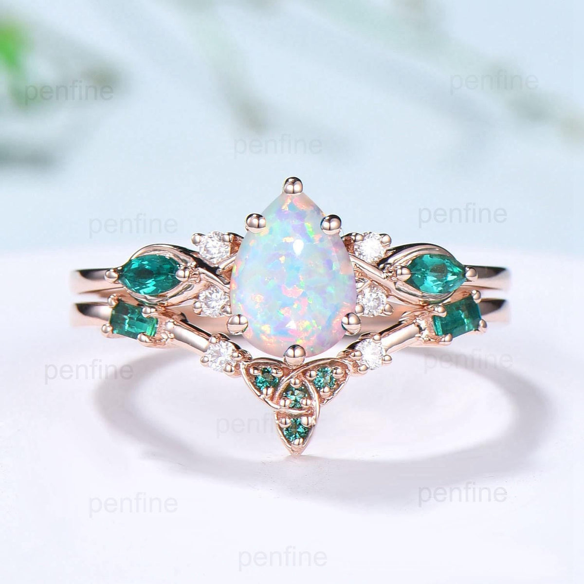 Vintage Pear Shaped Fire Opal Engagement Ring Set Rose Gold Opal Emerald Wedding Ring Set October Birthstone Six Prong Bridal Ring Set Women